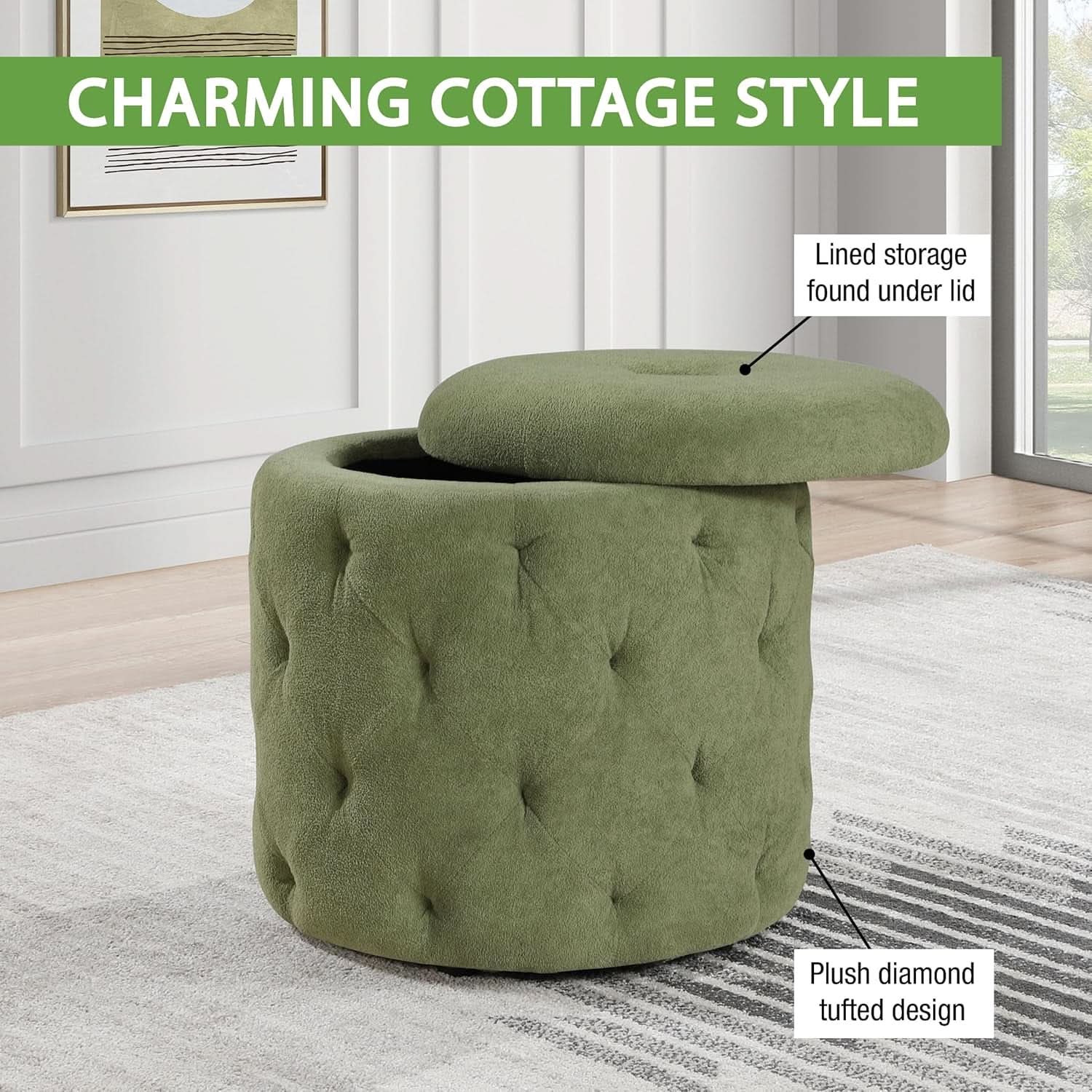 Circular Moss Green Storage Ottoman Diamond Tufted