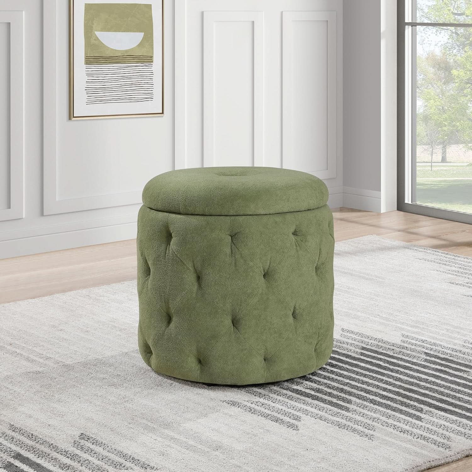 Circular Moss Green Storage Ottoman Diamond Tufted