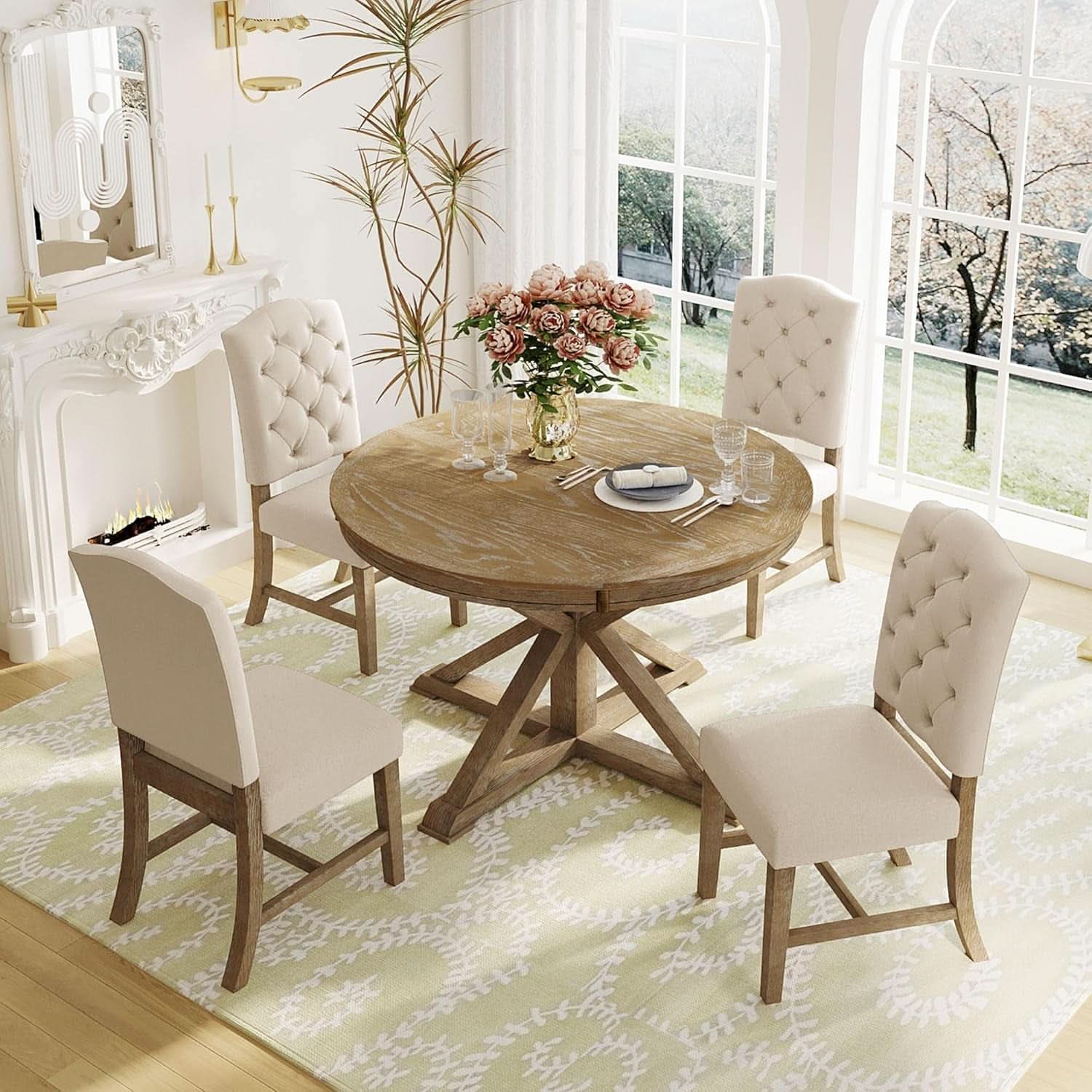 Circular Solid Wood DiningTable Set Four Extendable