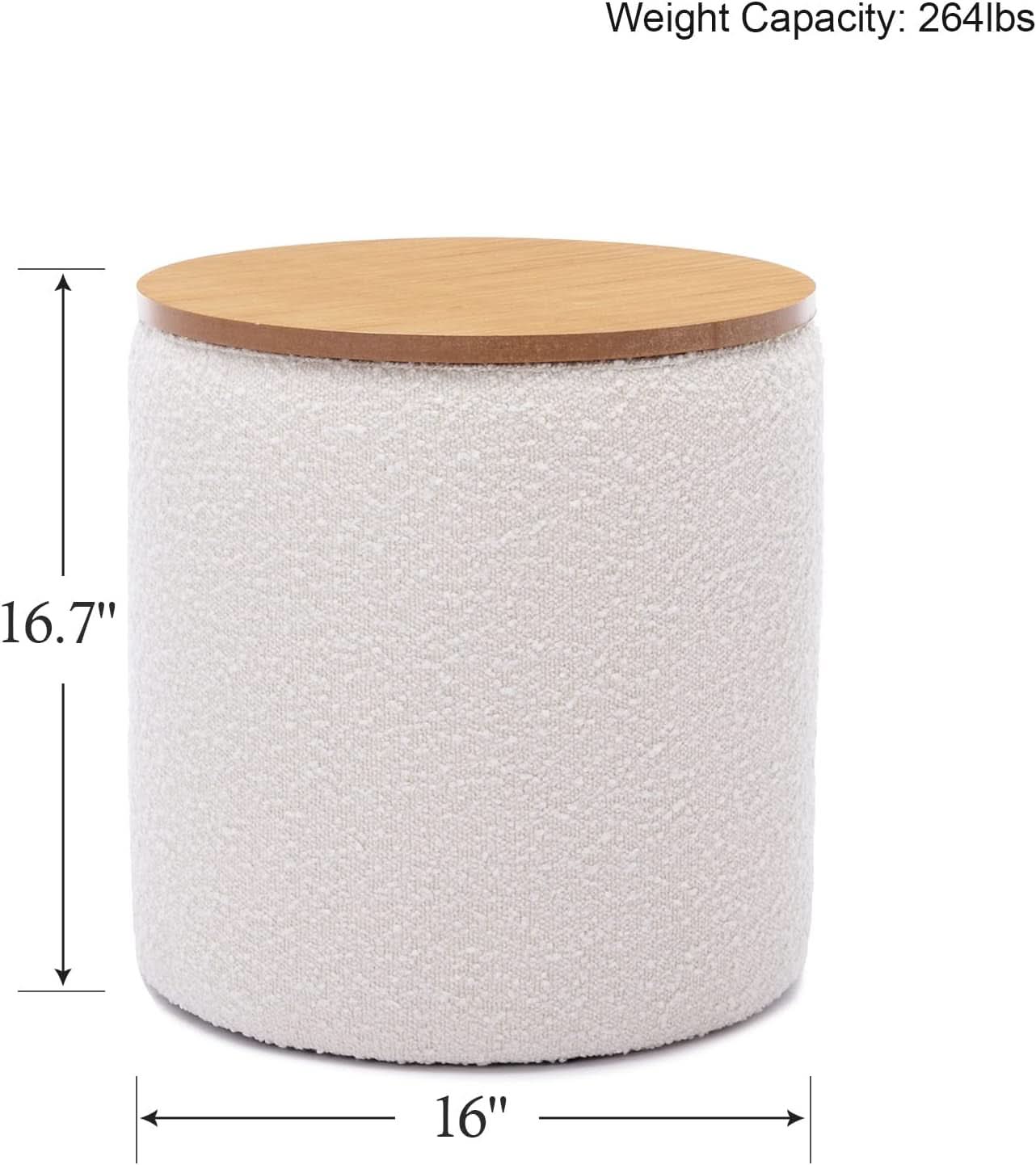 Circular Storage Ottoman Sixteen Inch White Boucle