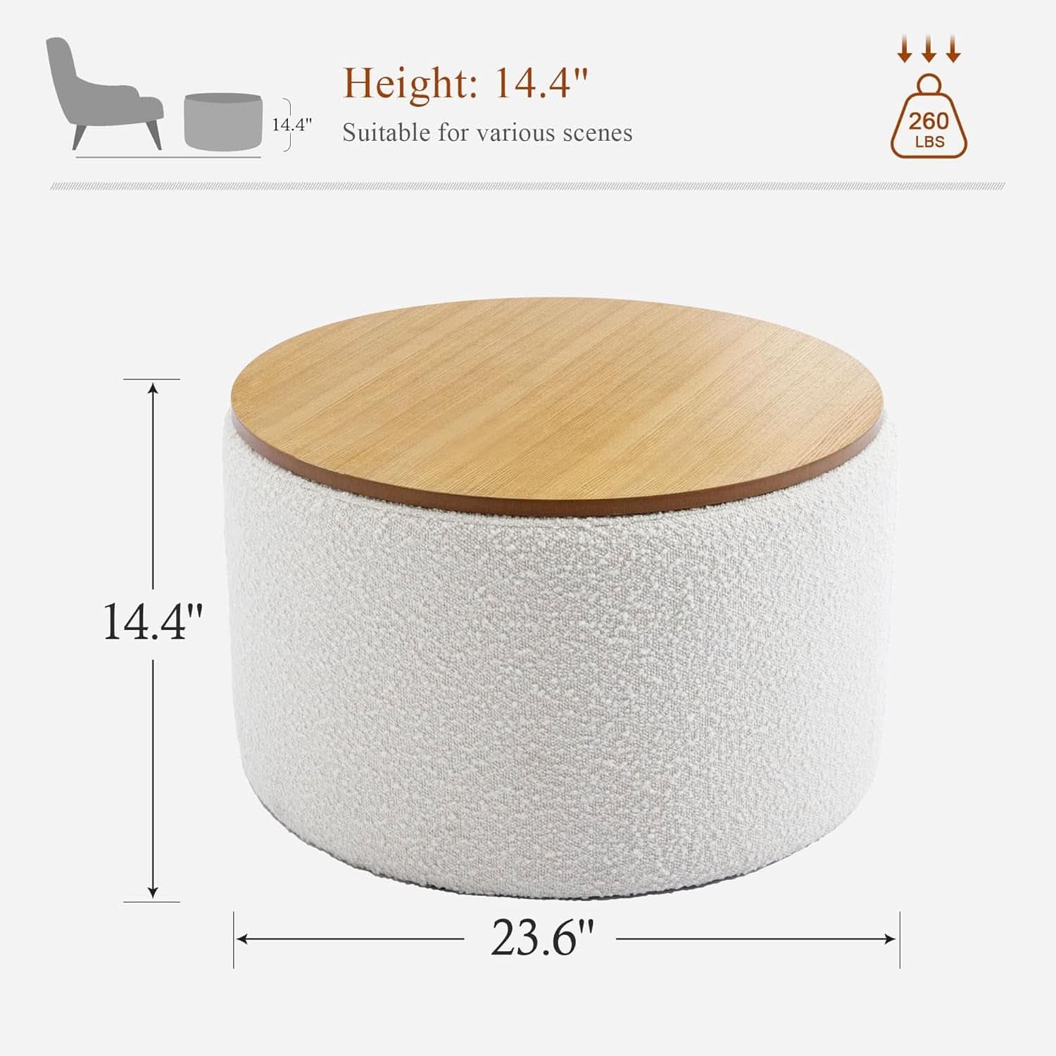 Circular Storage Ottoman With Wooden Lid Upholstered
