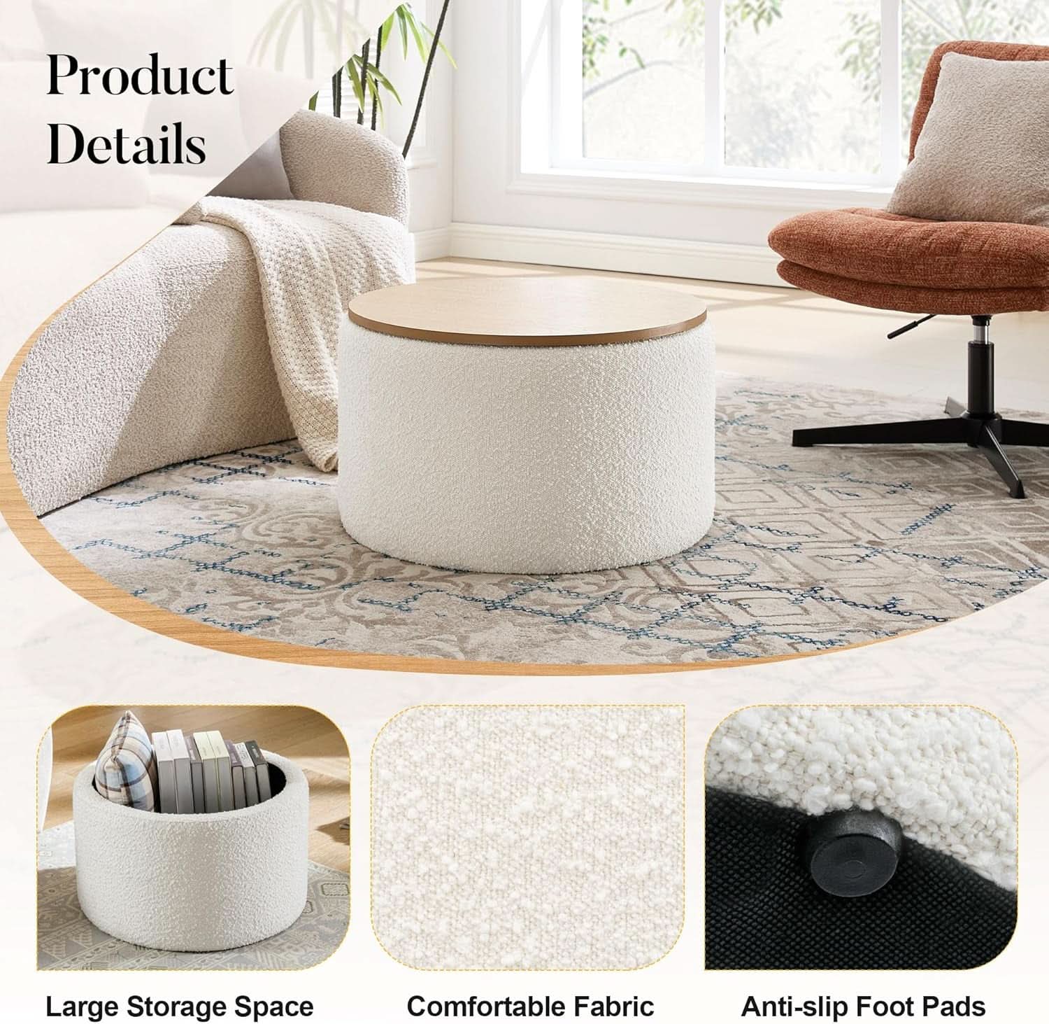 Circular Storage Ottoman With Wooden Lid Upholstered