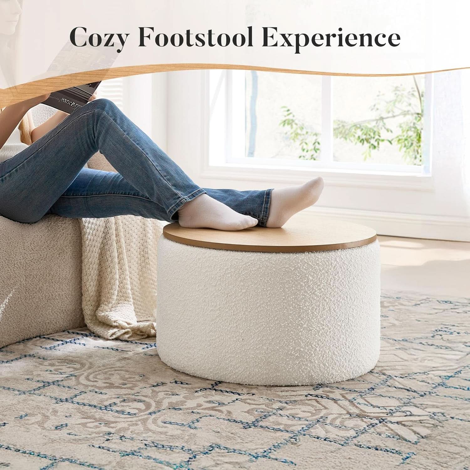 Circular Storage Ottoman With Wooden Lid Upholstered