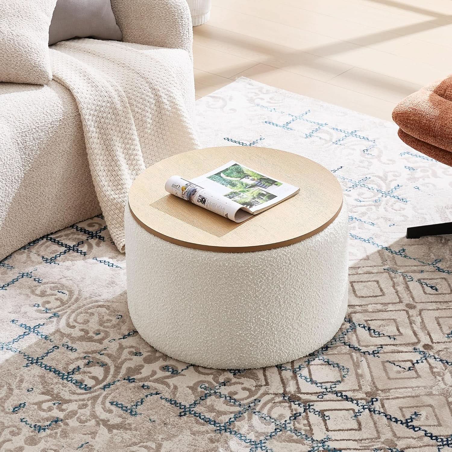 Circular Storage Ottoman With Wooden Lid Upholstered