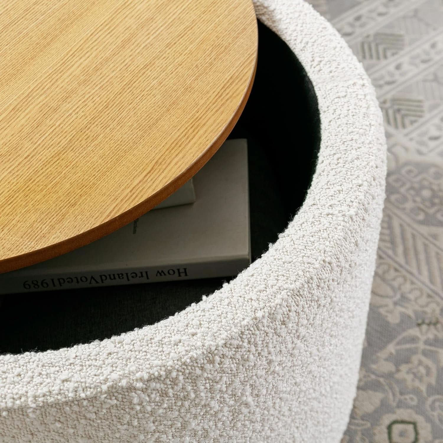 Circular Storage Ottoman With Wooden Lid Upholstered