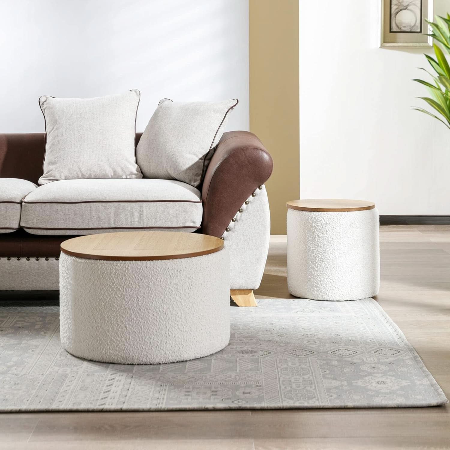 Circular Storage Ottoman With Wooden Lid Upholstered