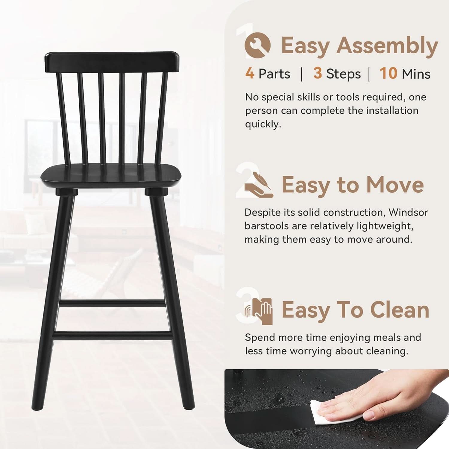 Classic Wooden Bar Stools Set of Four for Kitchen
