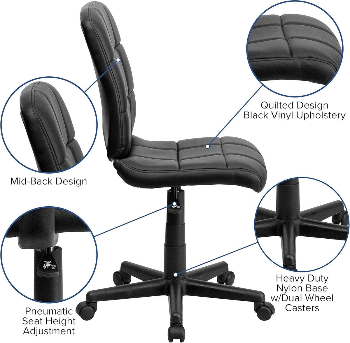 Clayton Mid Back Tufted Vinyl Office Chair Black Swivel