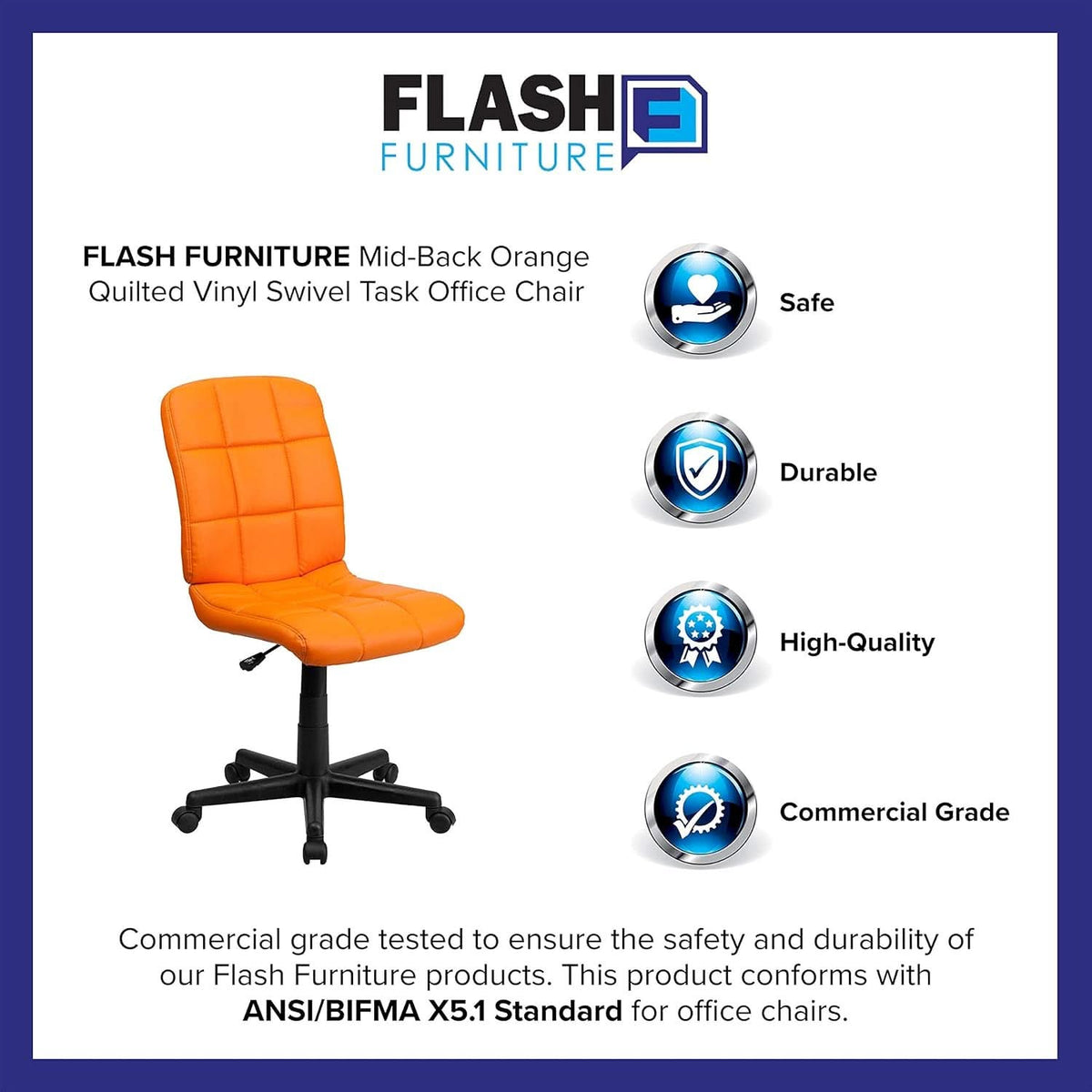 Clayton Orange Quilted Vinyl Office Swivel Task Chair