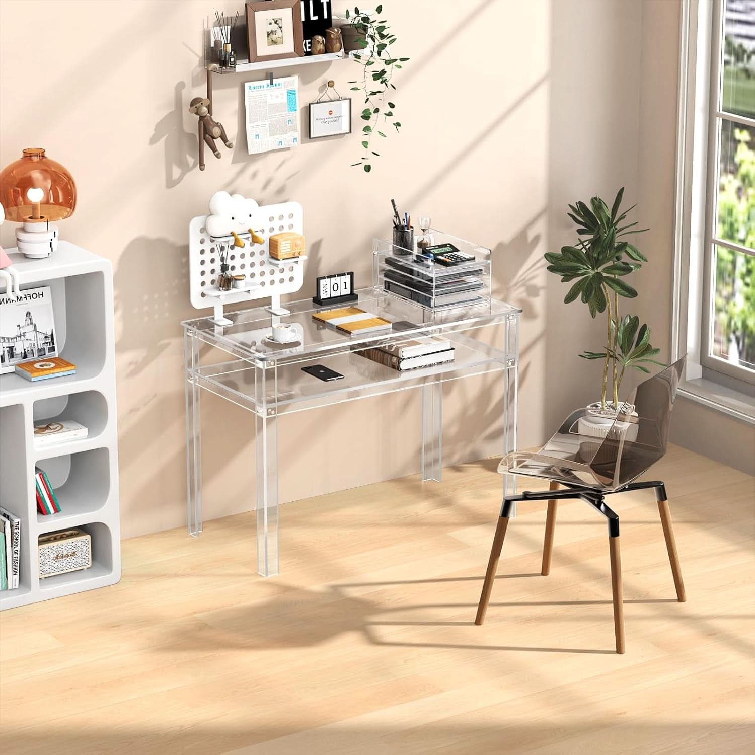 Clear Acrylic Desk with Open Storage for Home Office