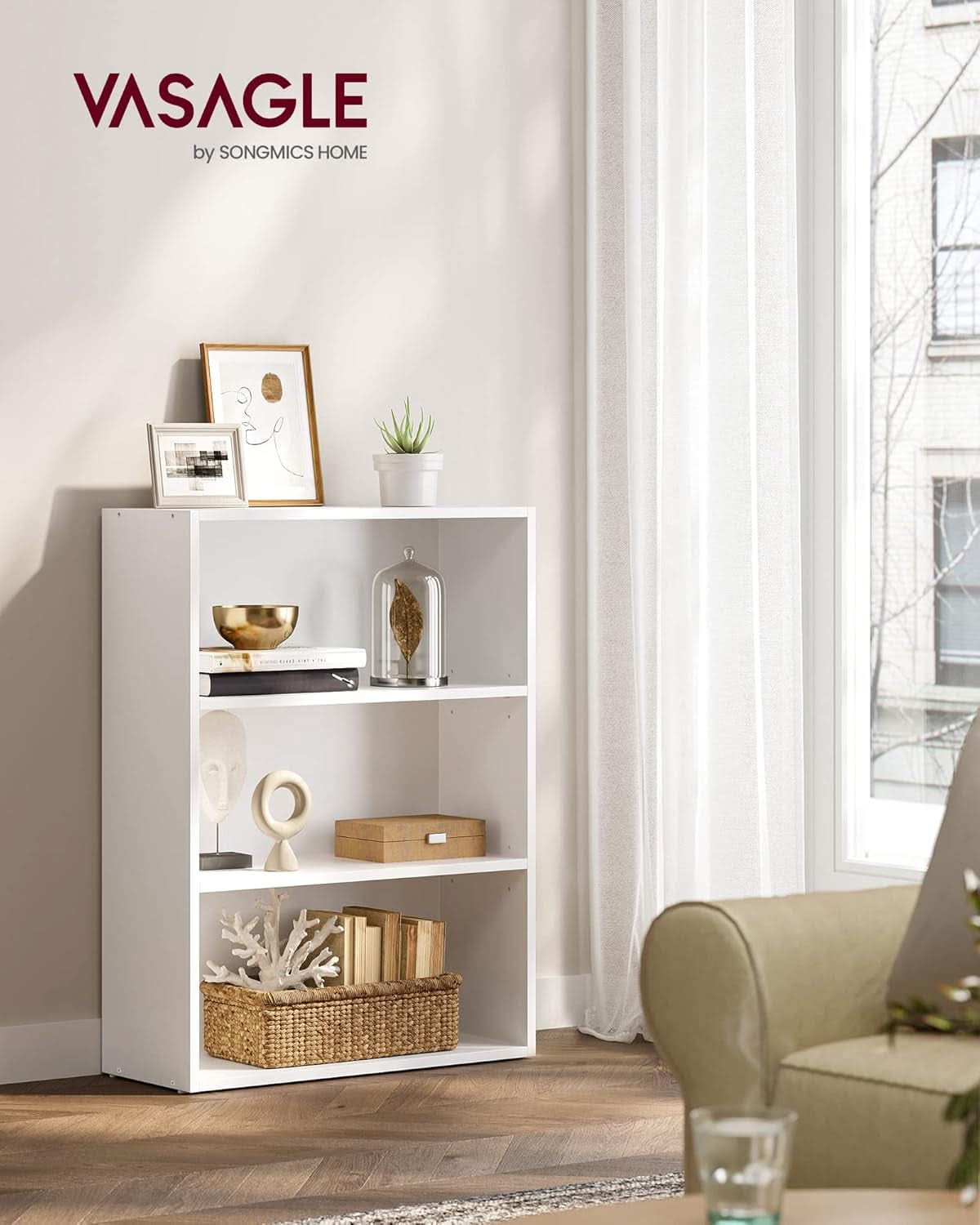 Cloud White 23.6 Inch Wide Three Tier Open Bookshelf