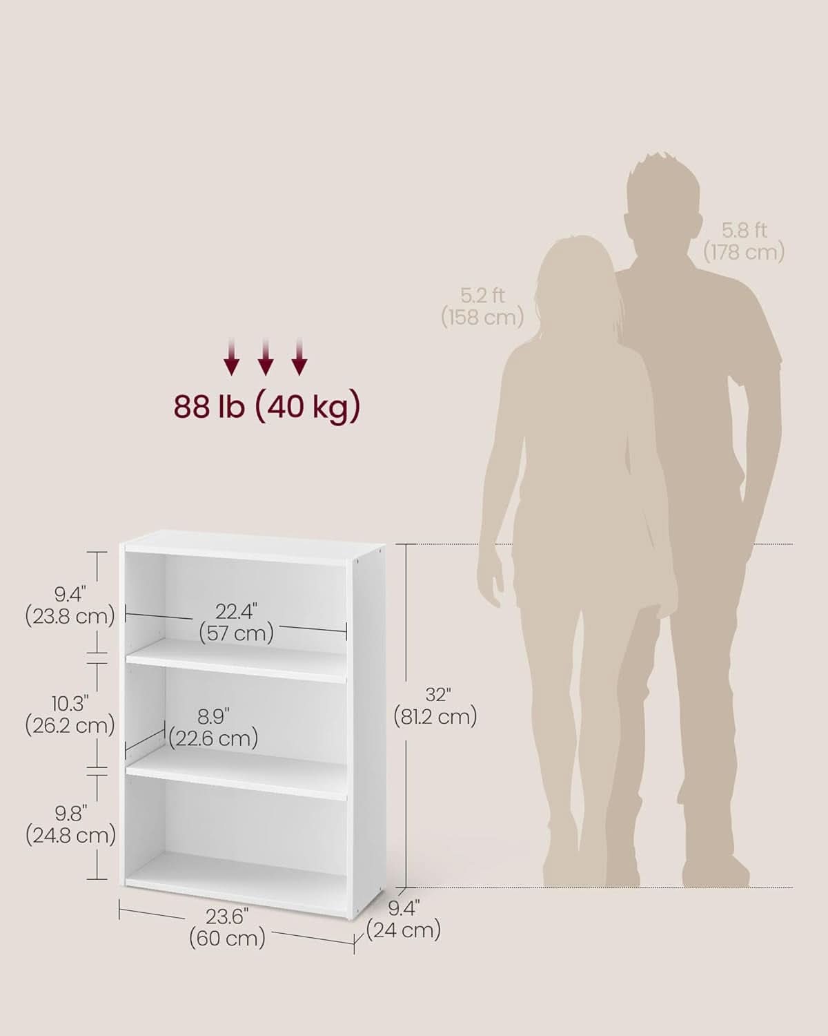 Cloud White 23.6 Inch Wide Three Tier Open Bookshelf