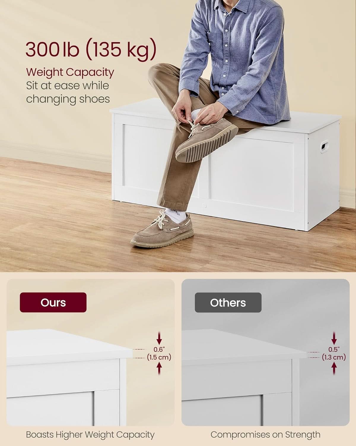 Cloud White Oversized Entryway Storage Bench Hinges