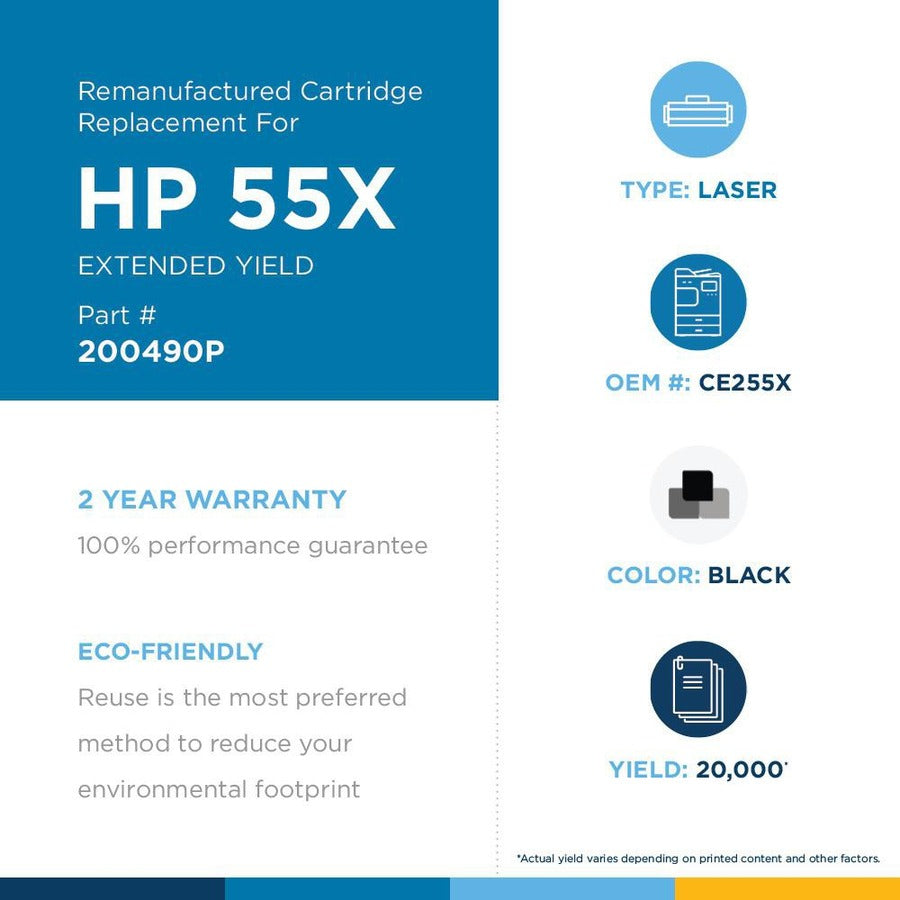Clover Technologies Remanufactured Extended Yield Laser Toner Cartridge - Alternative for HP 55X (CE255X, CE255X(J)) - Black Pack 200490P