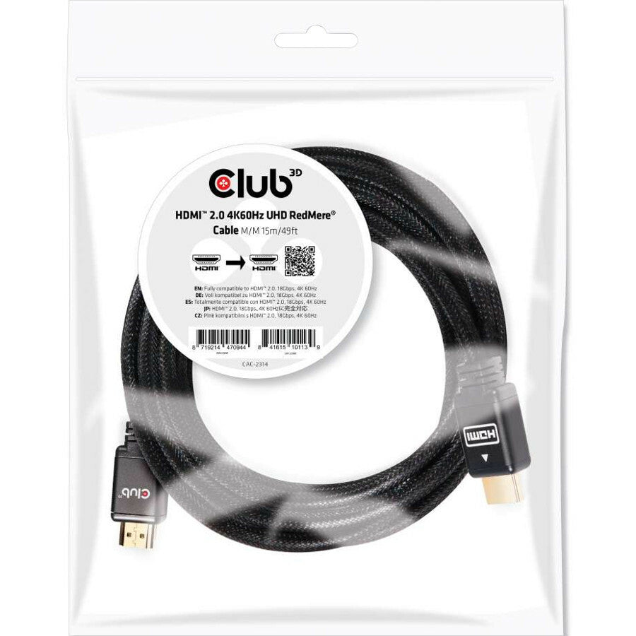 Club 3D HDMI 2.0 4K60Hz UHD RedMere Cable 15 m/49.21ft Male/Male CAC-2314