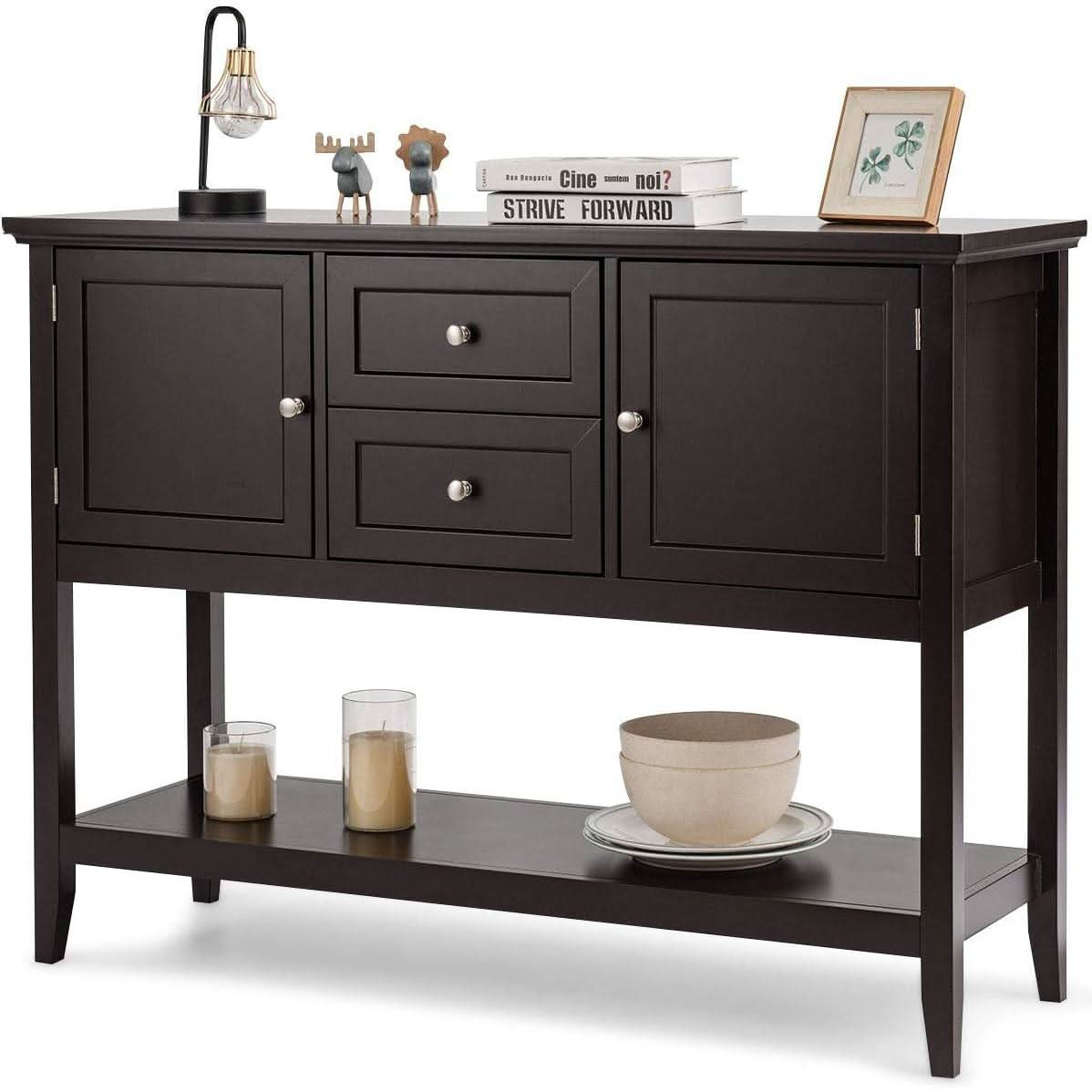 Coffee Brown Wood Buffet Server With Cabinets And Drawers