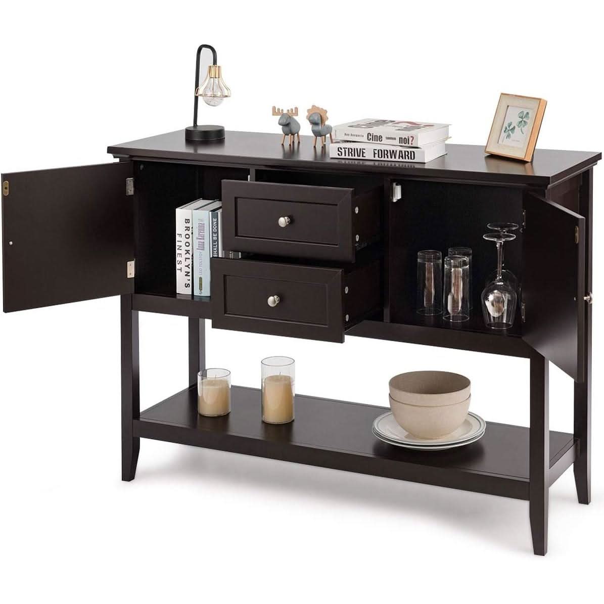 Coffee Brown Wood Buffet Server With Cabinets And Drawers