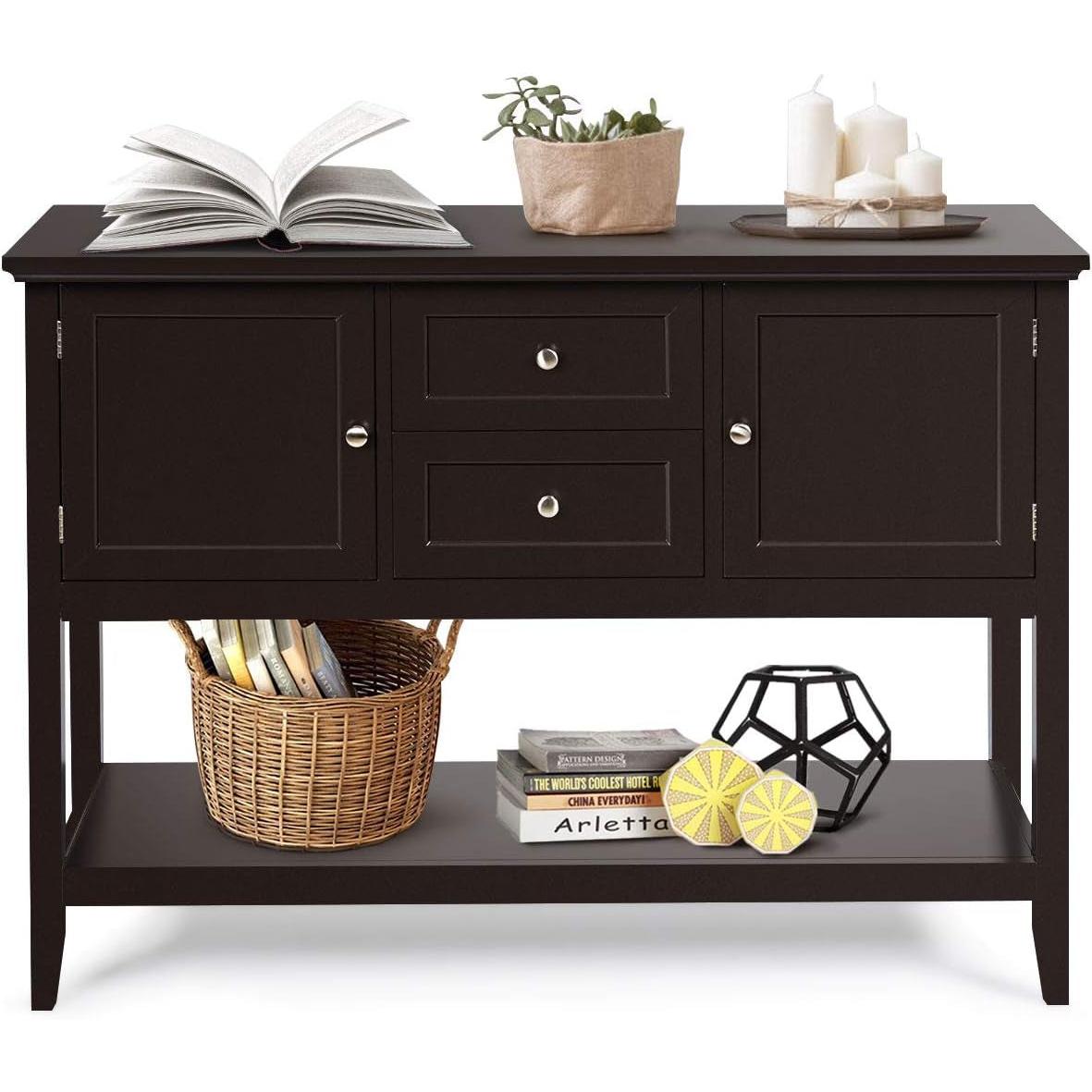 Coffee Brown Wood Buffet Server With Cabinets And Drawers