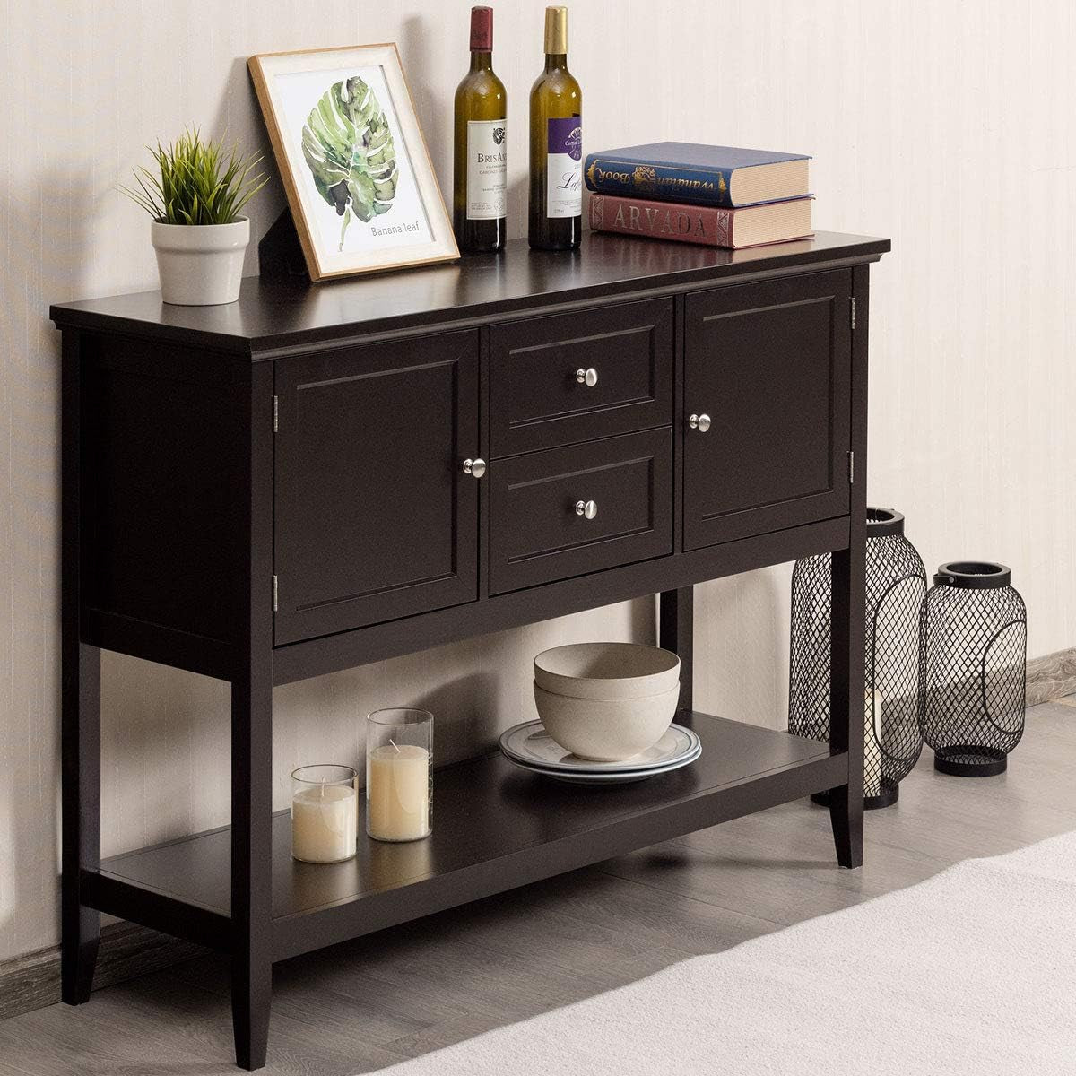 Coffee Brown Wood Buffet Server With Cabinets And Drawers