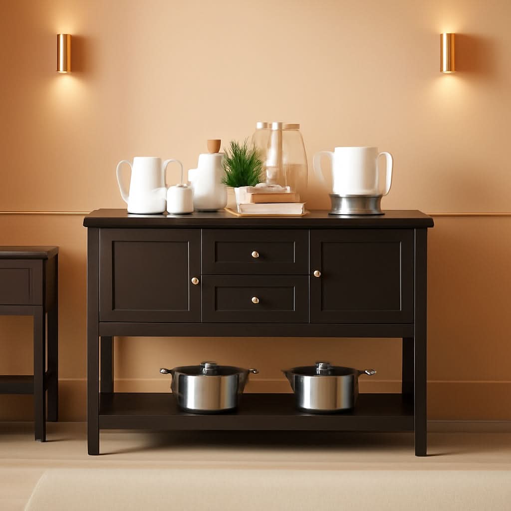 Coffee Brown Wood Buffet Server With Cabinets And Drawers
