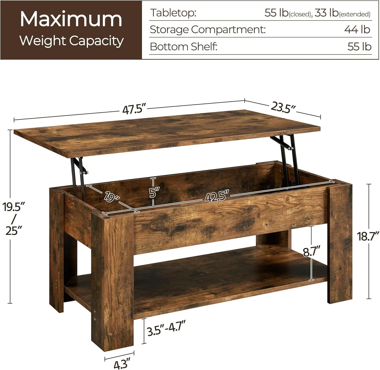 Coffee Table 47.5 Inch Lift Top With Hidden Compartment Rustic Brown