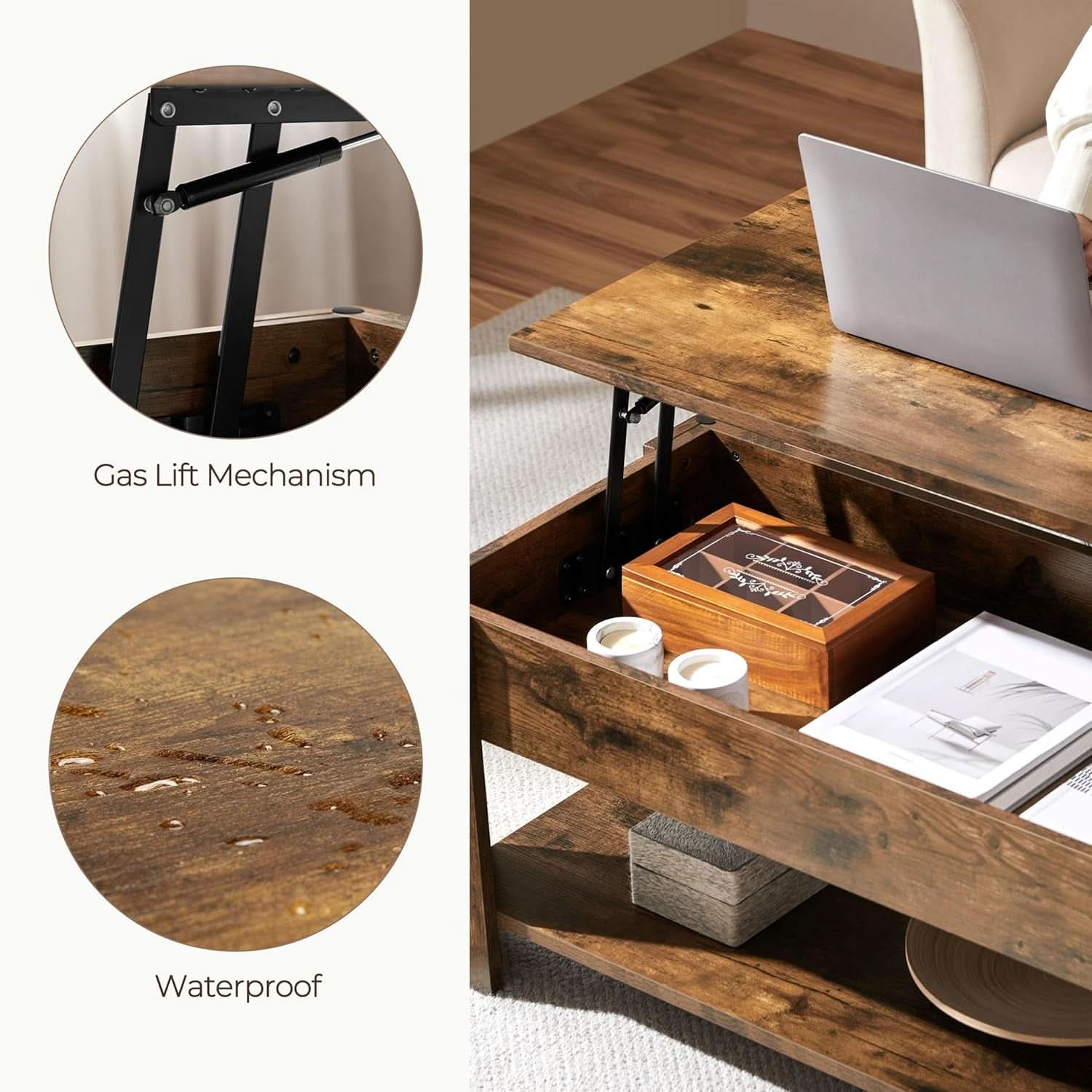 Coffee Table 47.5 Inch Lift Top With Hidden Compartment Rustic Brown