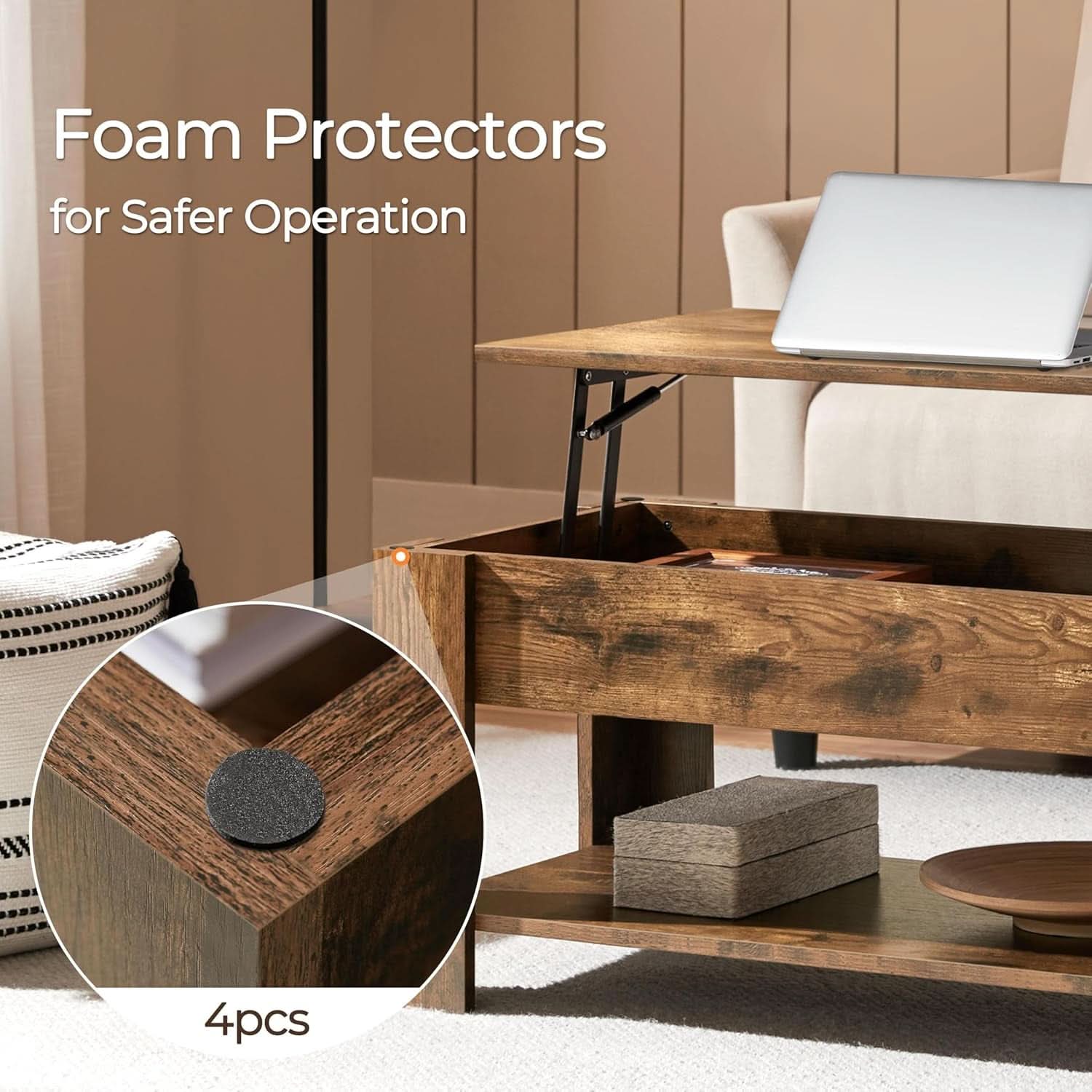 Coffee Table 47.5 Inch Lift Top With Hidden Compartment Rustic Brown