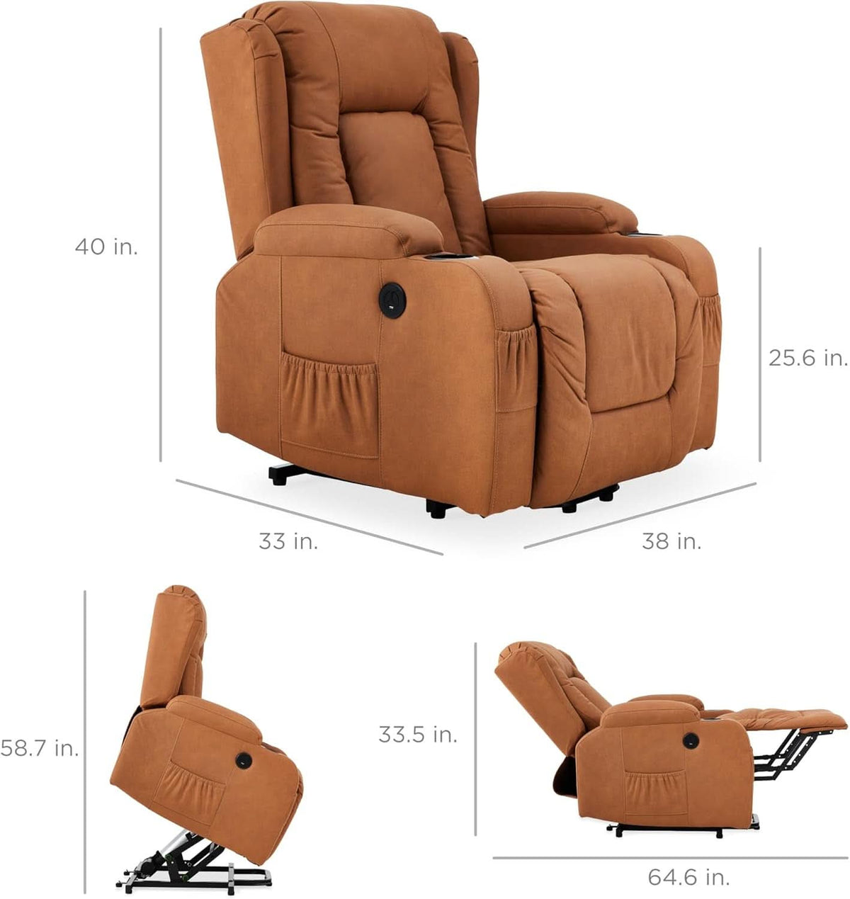 Cognac PU Leather Power Lift Recliner With Massage And Heat