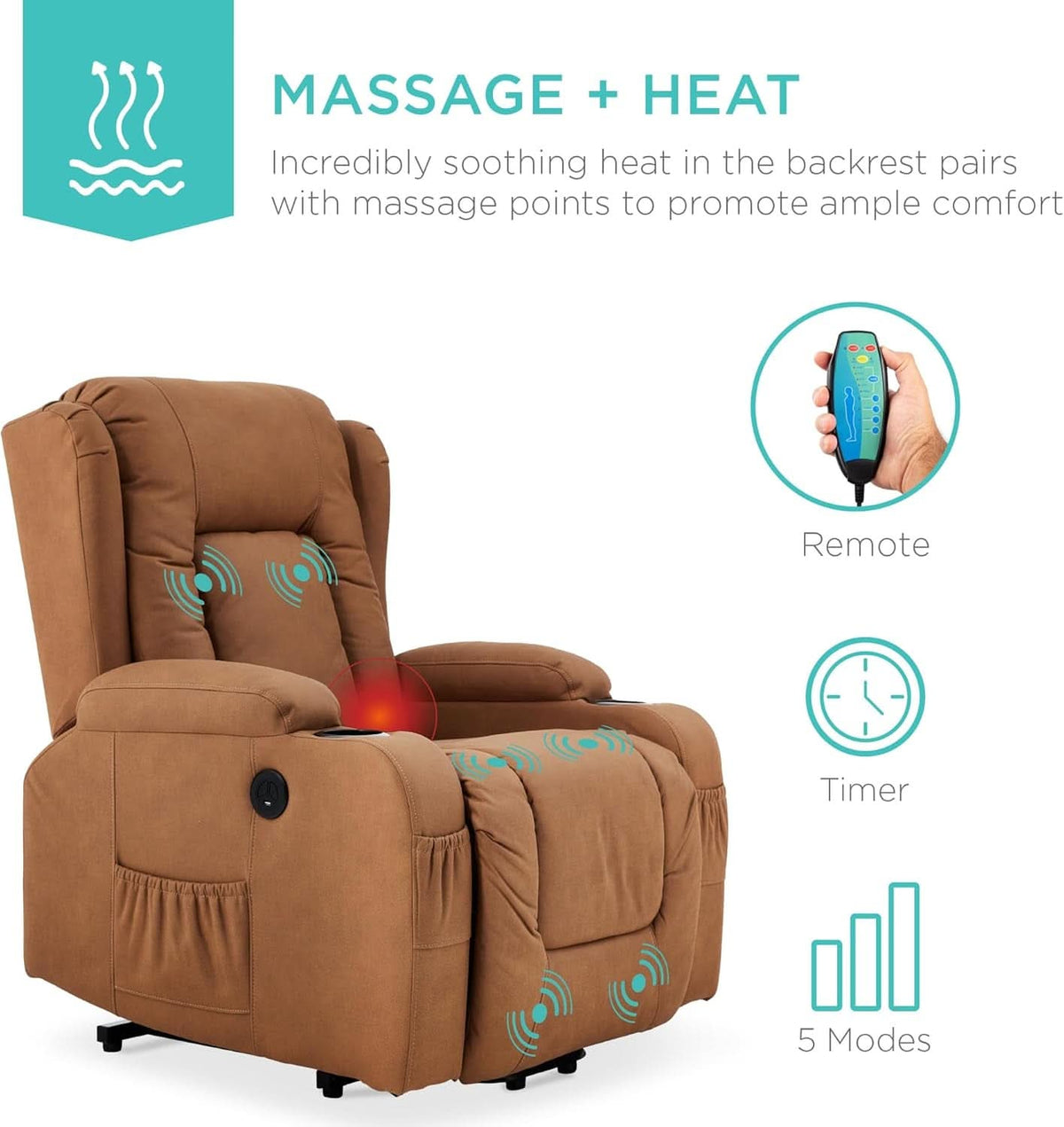 Cognac PU Leather Power Lift Recliner With Massage And Heat