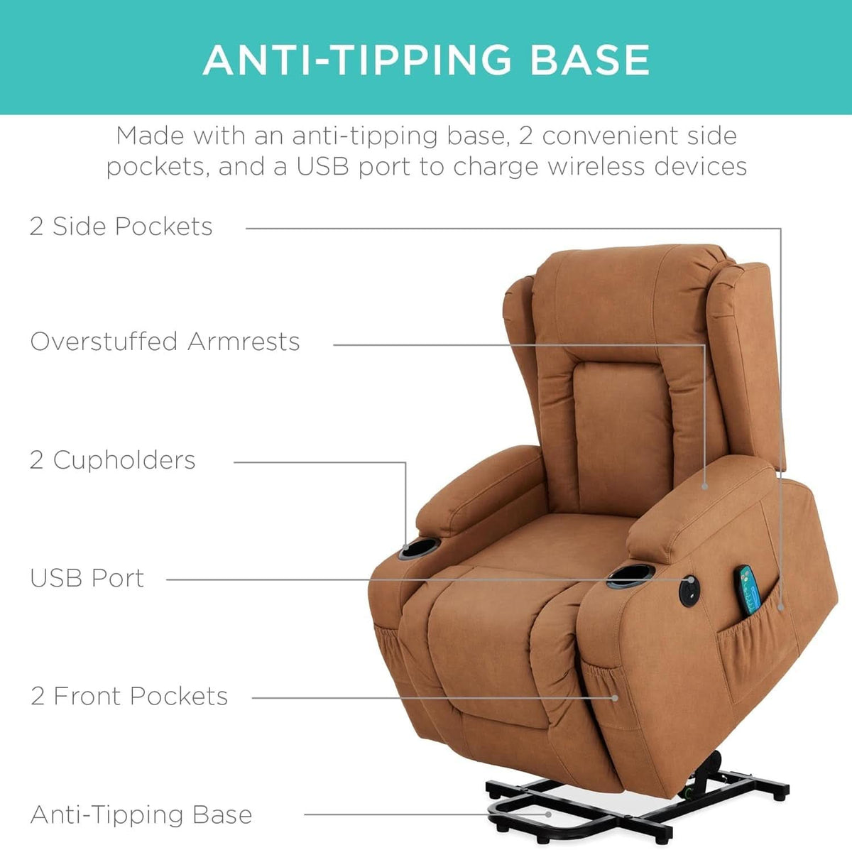 Cognac PU Leather Power Lift Recliner With Massage And Heat