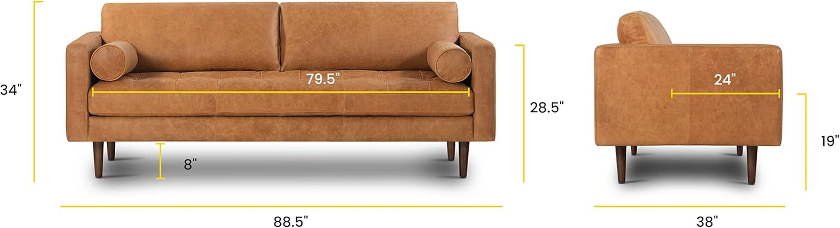 Cognac Tan Leather Mid Century Sofa With Bolsters In Stock