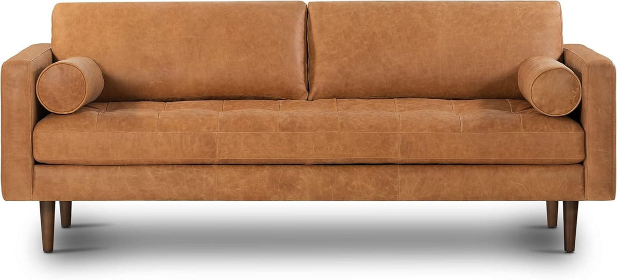Cognac Tan Leather Mid Century Sofa With Bolsters In Stock