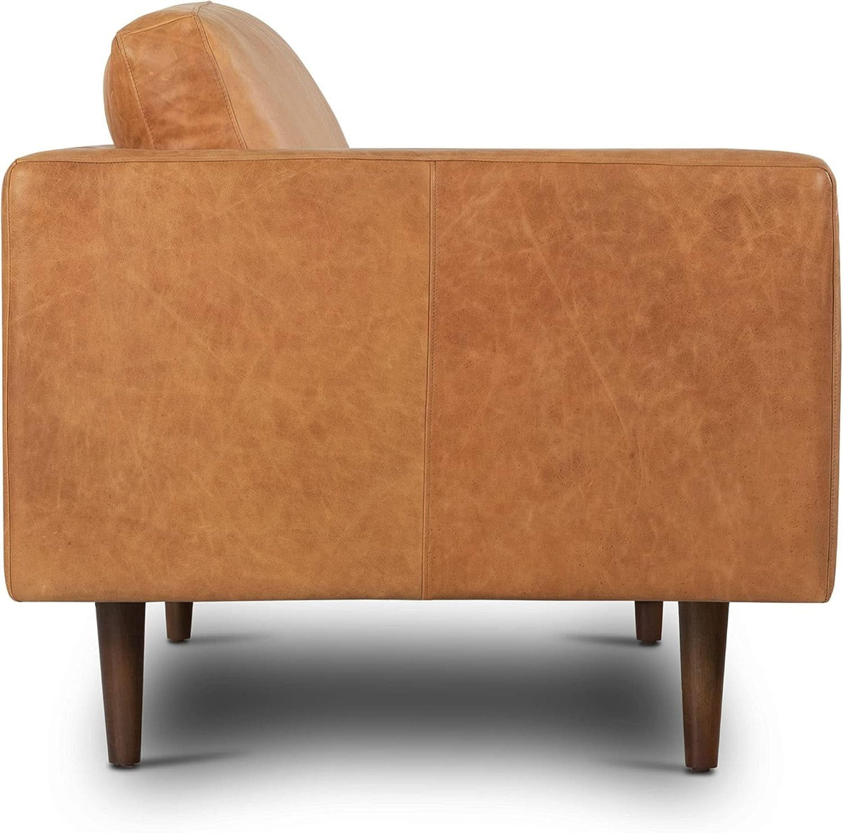 Cognac Tan Leather Mid Century Sofa With Bolsters In Stock