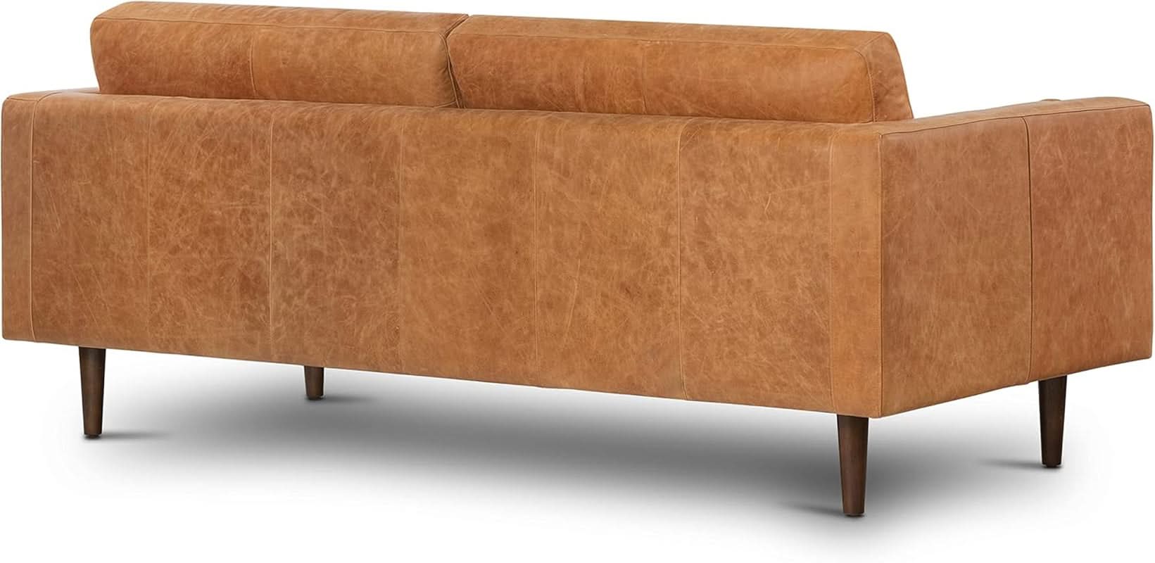 Cognac Tan Leather Mid Century Sofa With Bolsters In Stock