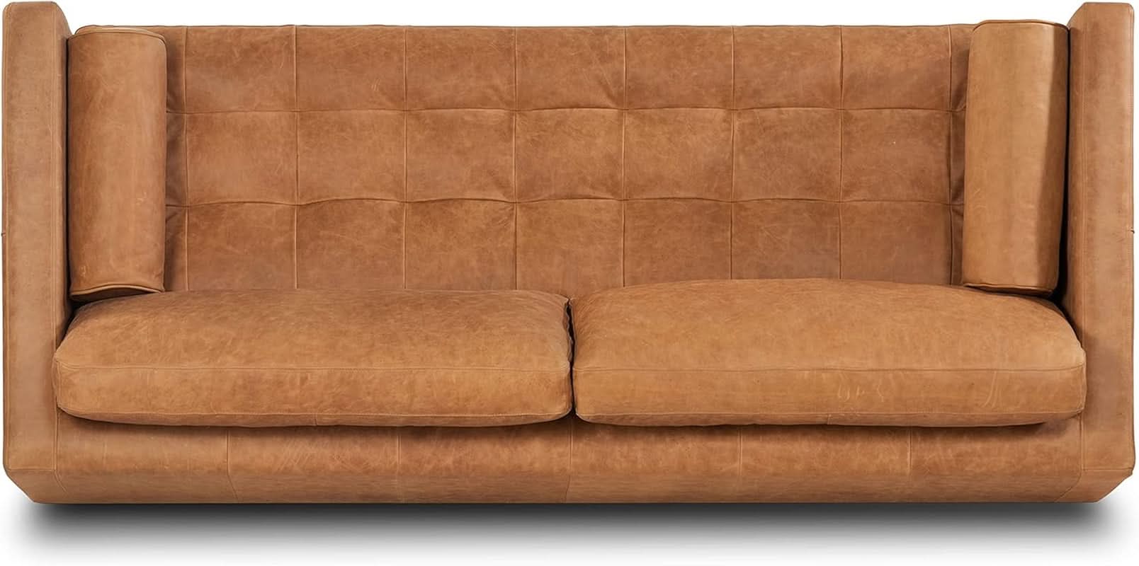 Cognac Tan Leather Mid Century Sofa With Bolsters In Stock
