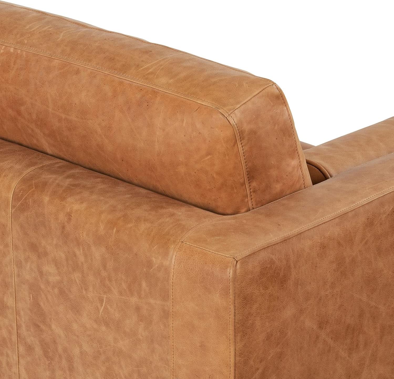 Cognac Tan Leather Mid Century Sofa With Bolsters In Stock