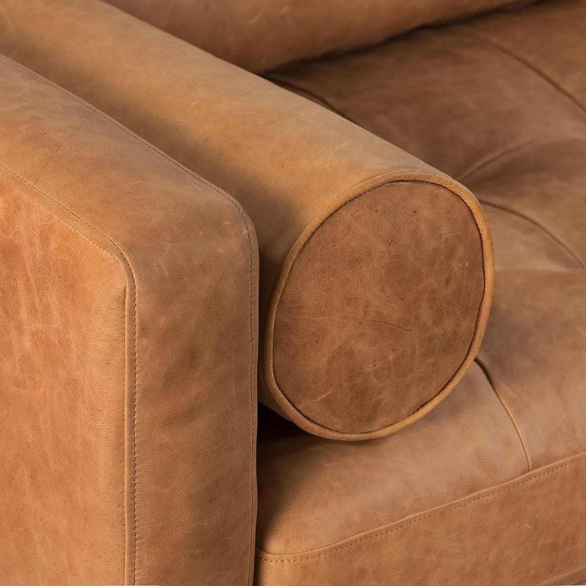 Cognac Tan Leather Mid Century Sofa With Bolsters In Stock