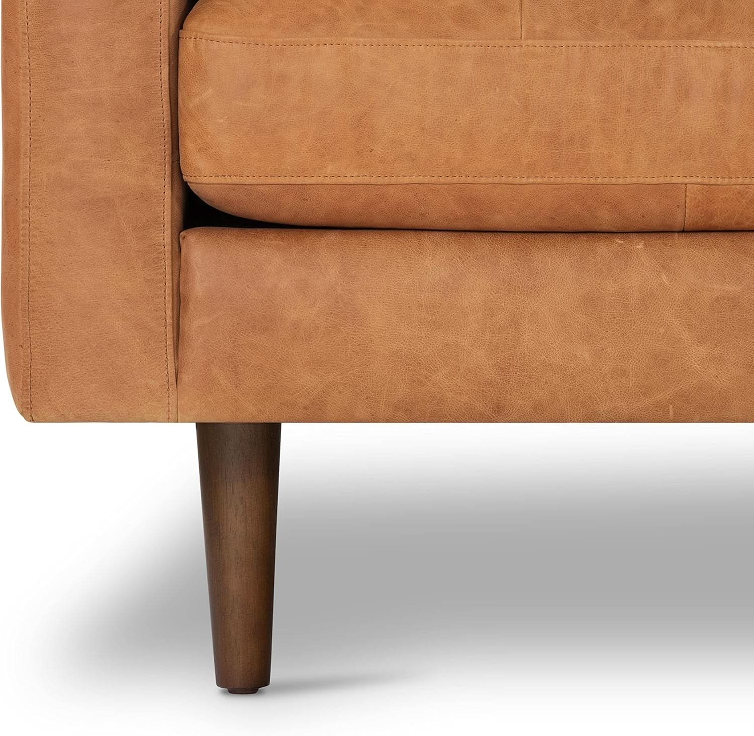 Cognac Tan Leather Mid Century Sofa With Bolsters In Stock