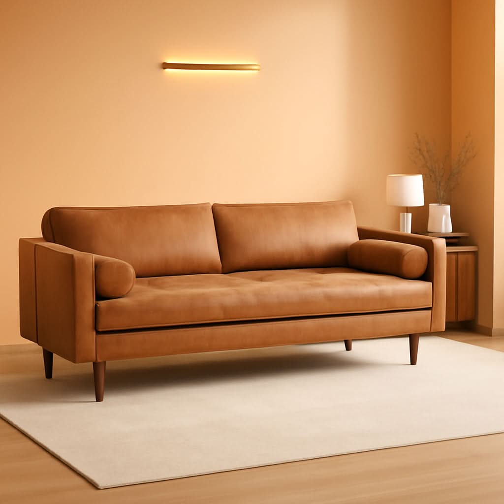 Cognac Tan Leather Mid Century Sofa With Bolsters In Stock
