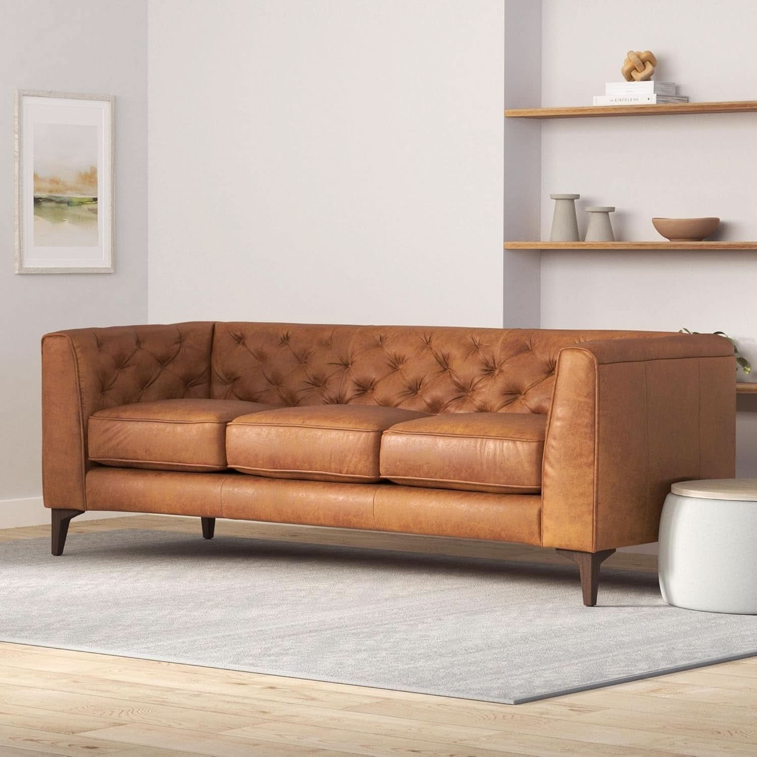 Cognac Tan Leather Sofa with Tufted Back Design