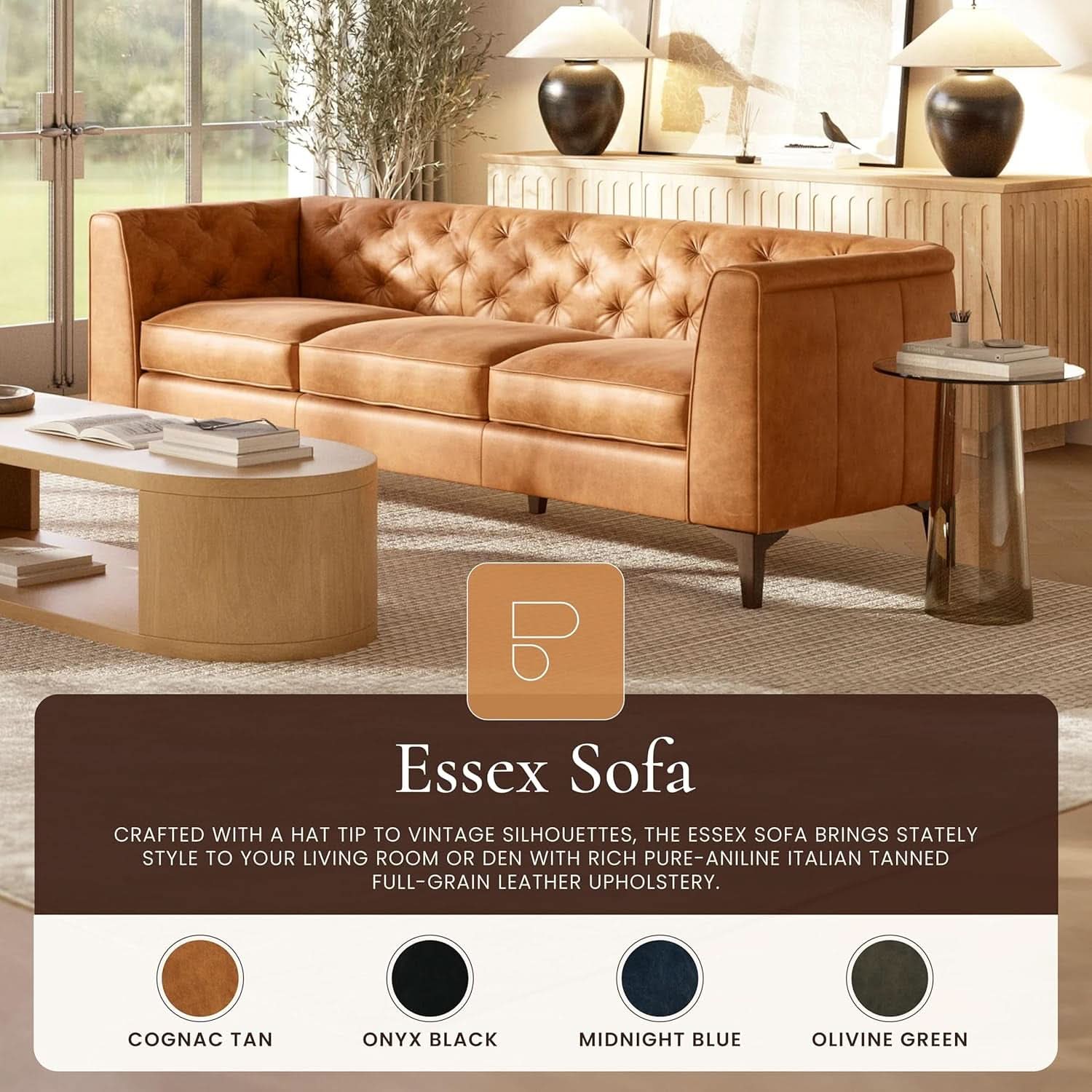 Cognac Tan Leather Sofa with Tufted Back Design