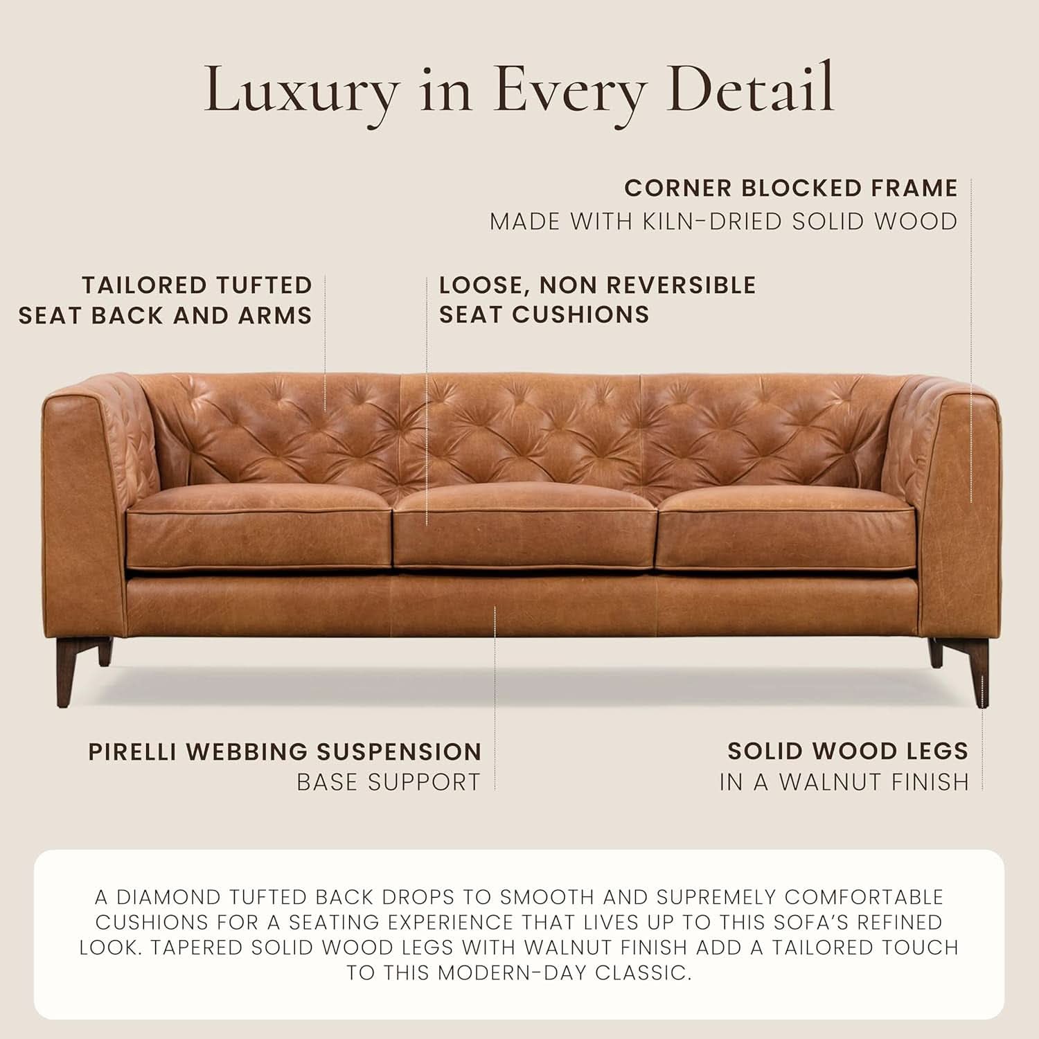 Cognac Tan Leather Sofa with Tufted Back Design