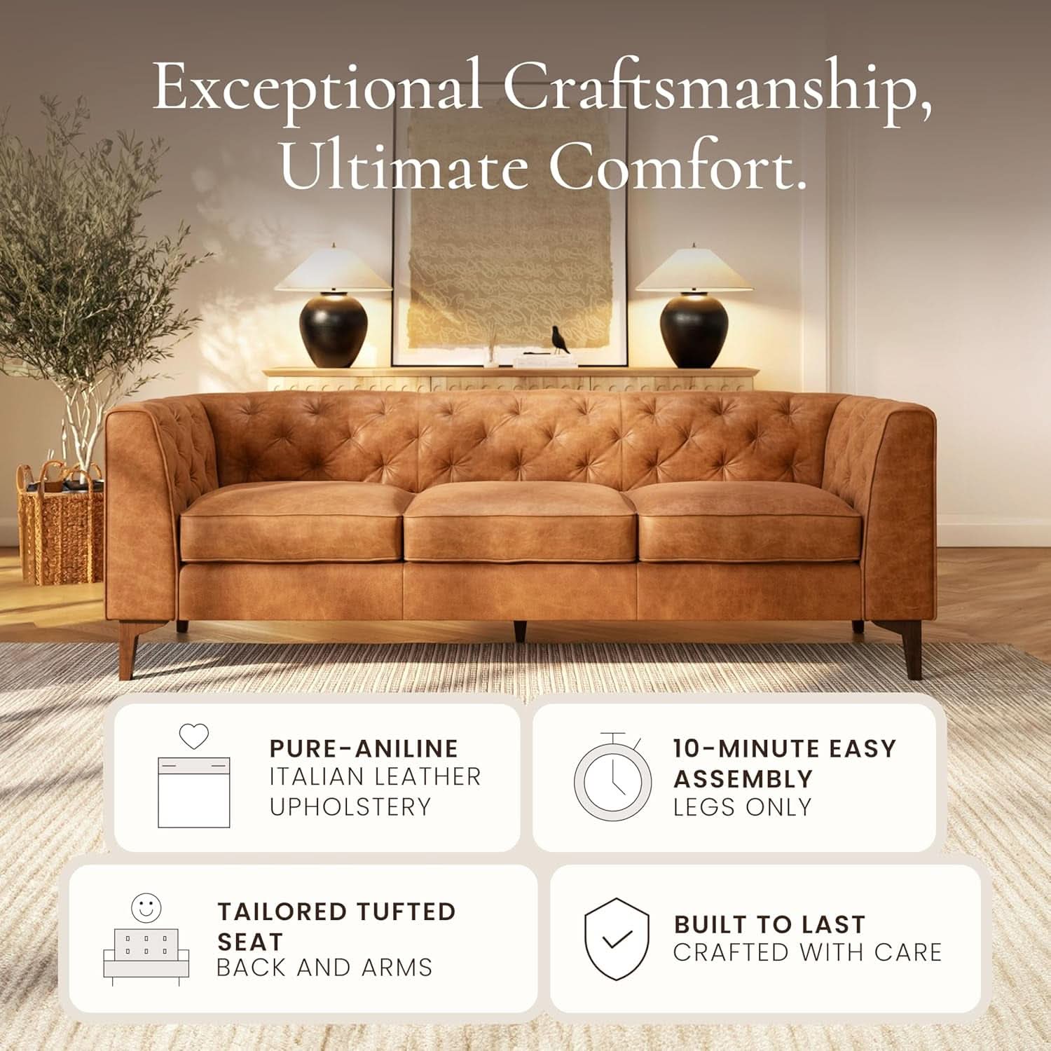 Cognac Tan Leather Sofa with Tufted Back Design