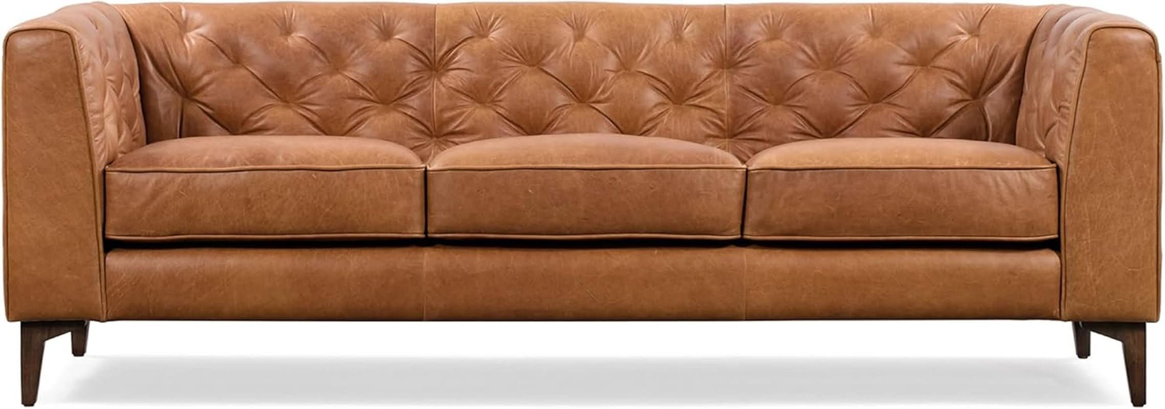Cognac Tan Leather Sofa with Tufted Back Design