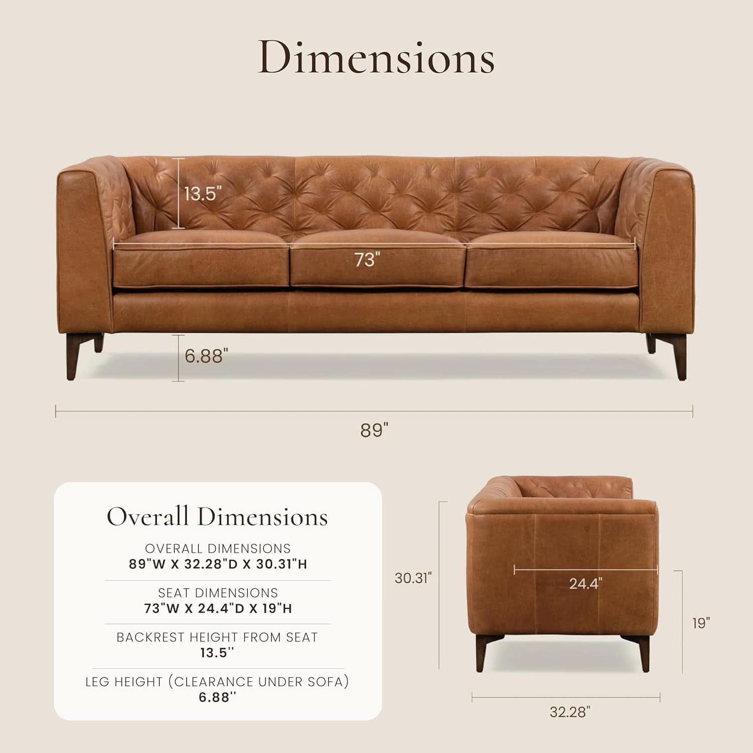 Cognac Tan Leather Sofa with Tufted Back Design