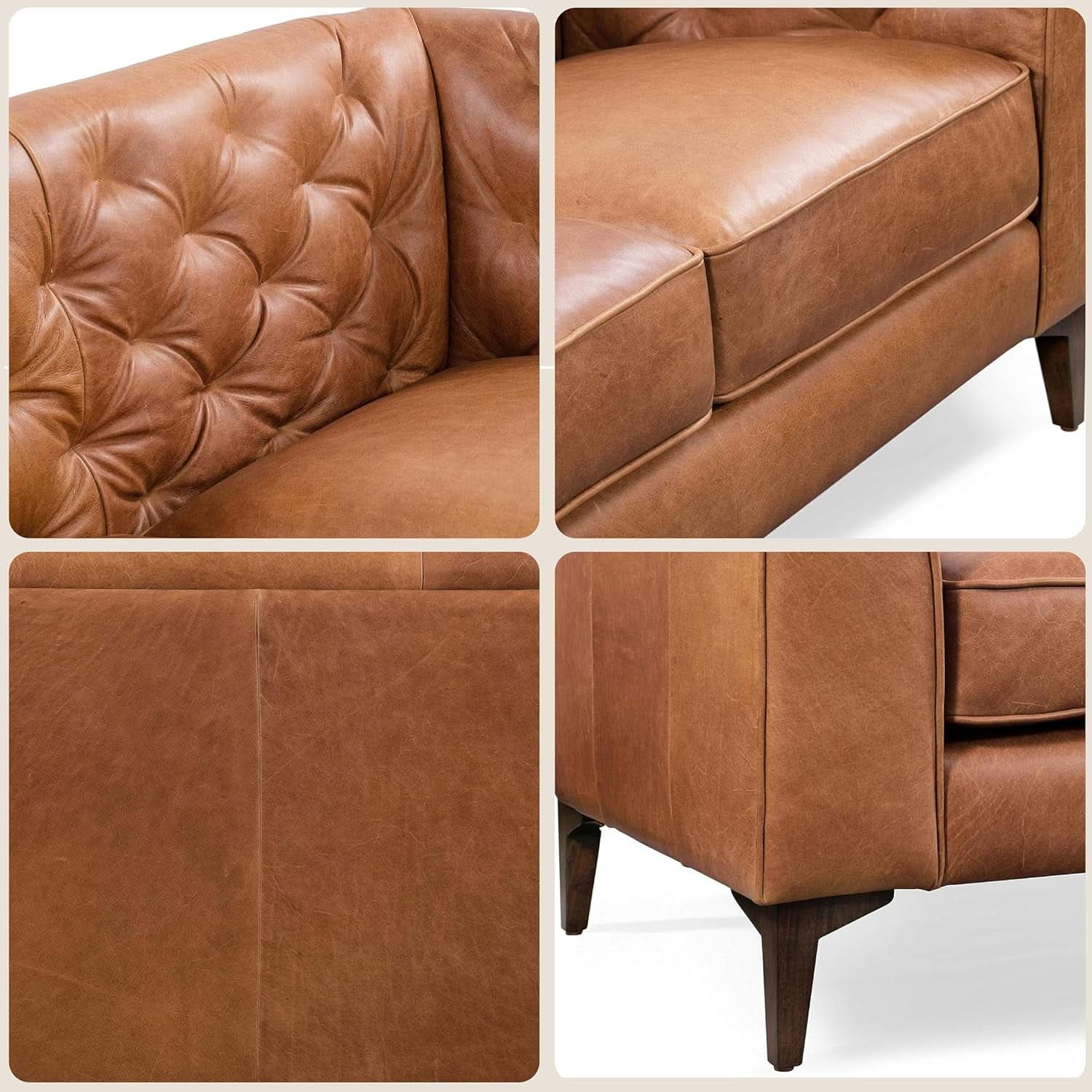 Cognac Tan Leather Sofa with Tufted Back Design