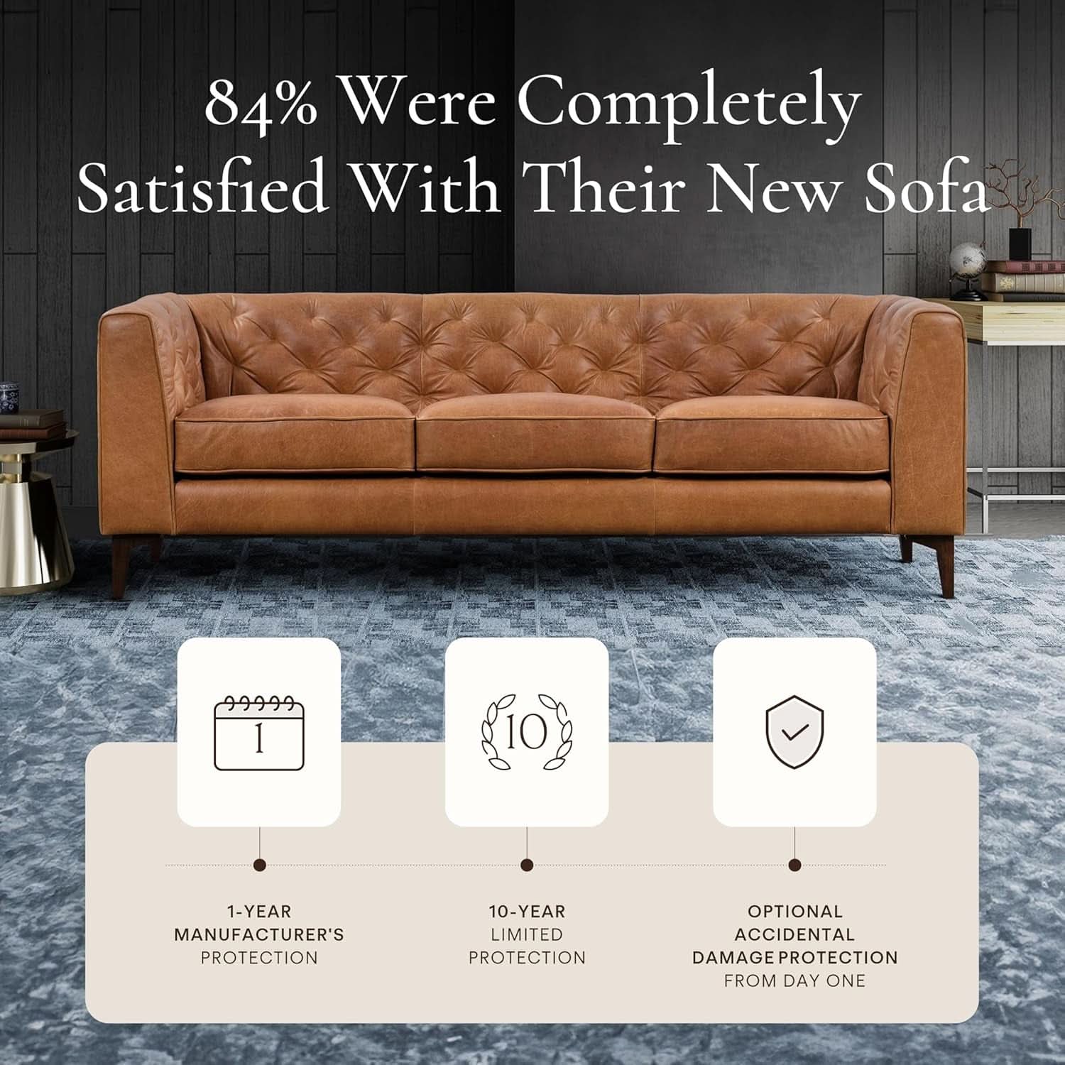 Cognac Tan Leather Sofa with Tufted Back Design