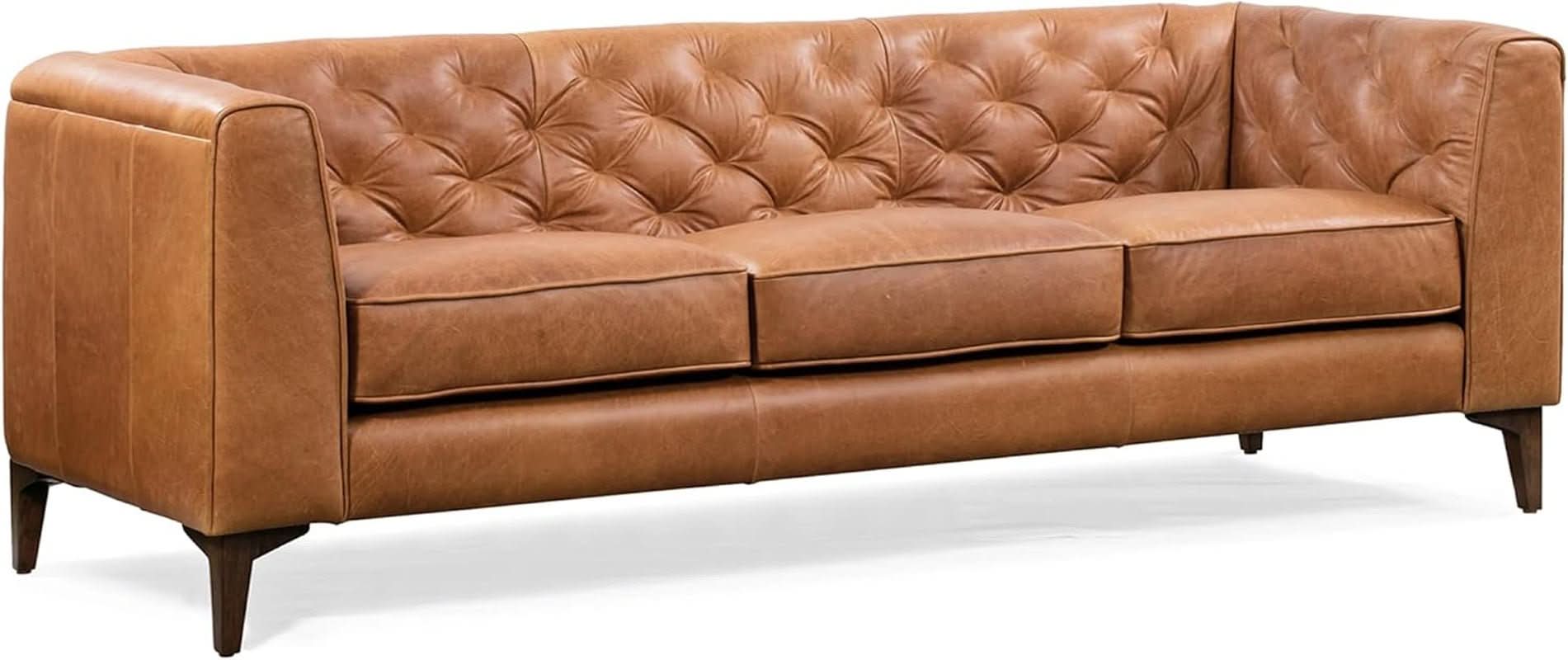 Cognac Tan Leather Sofa with Tufted Back Design
