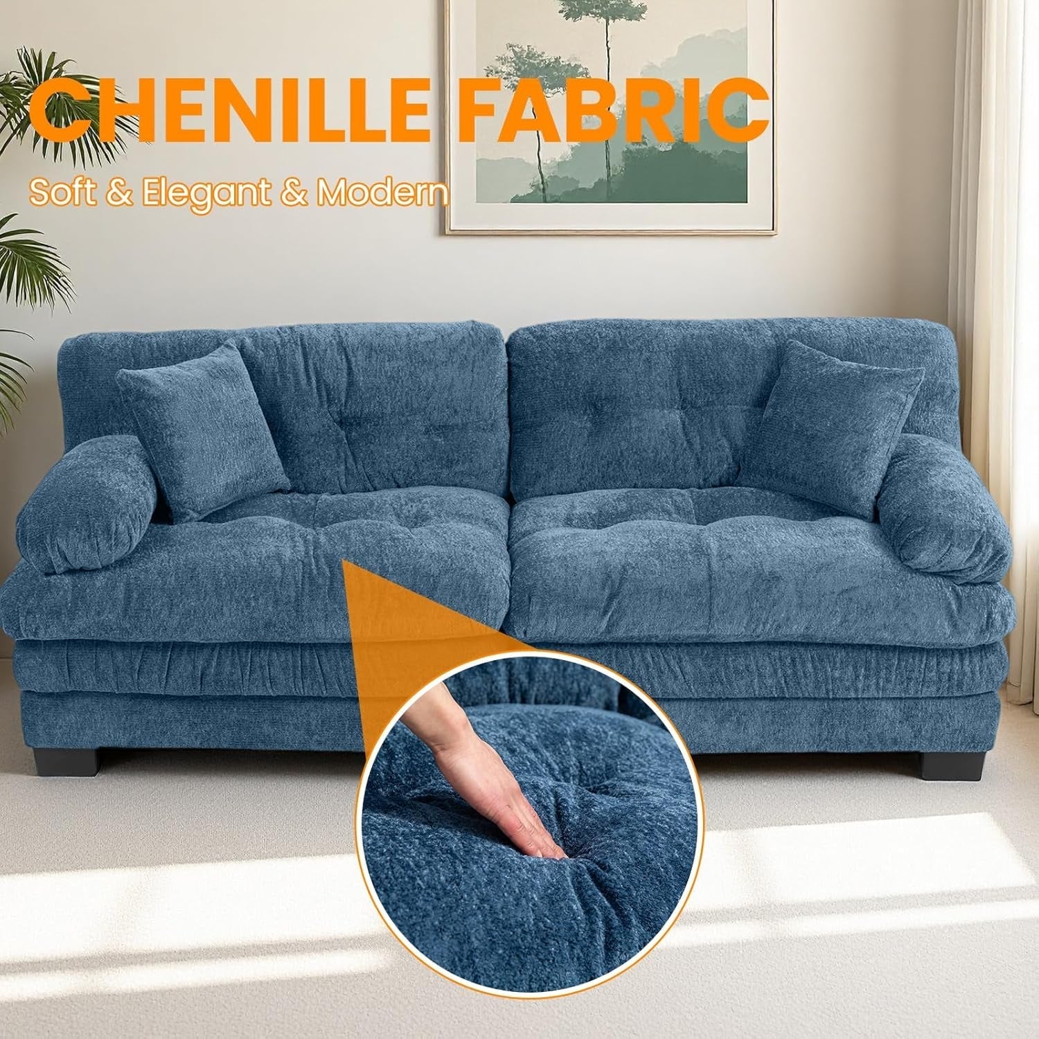 Comfortable Blue Sectional Couch Sofa with Two Pillows