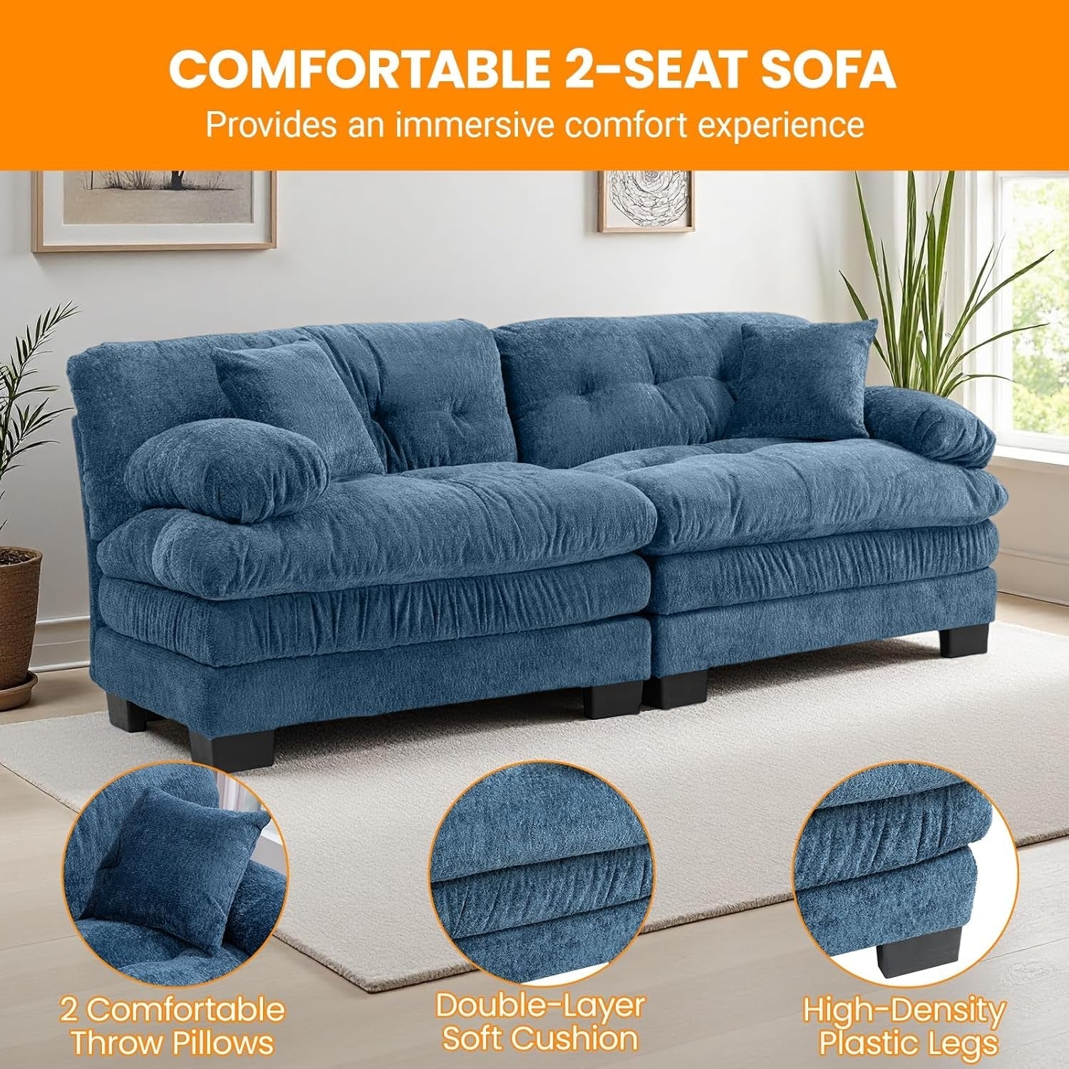 Comfortable Blue Sectional Couch Sofa with Two Pillows